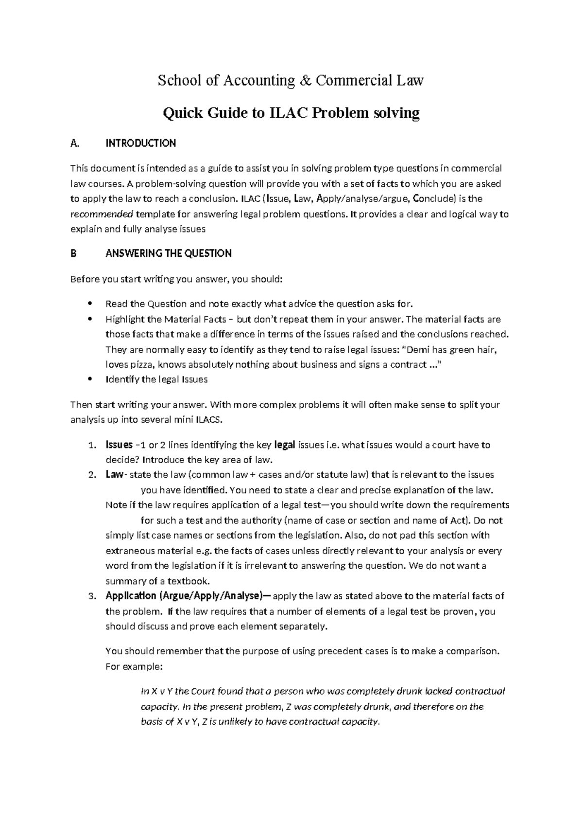 School of Accounting Commercial Law ILAC Problem Solving Guide - Studocu