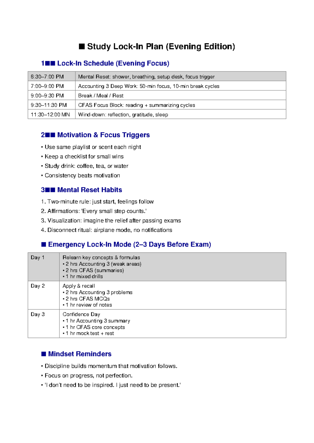 Study Lock-In Plan: Evening Edition for Accounting 3 & CFAS - Studocu
