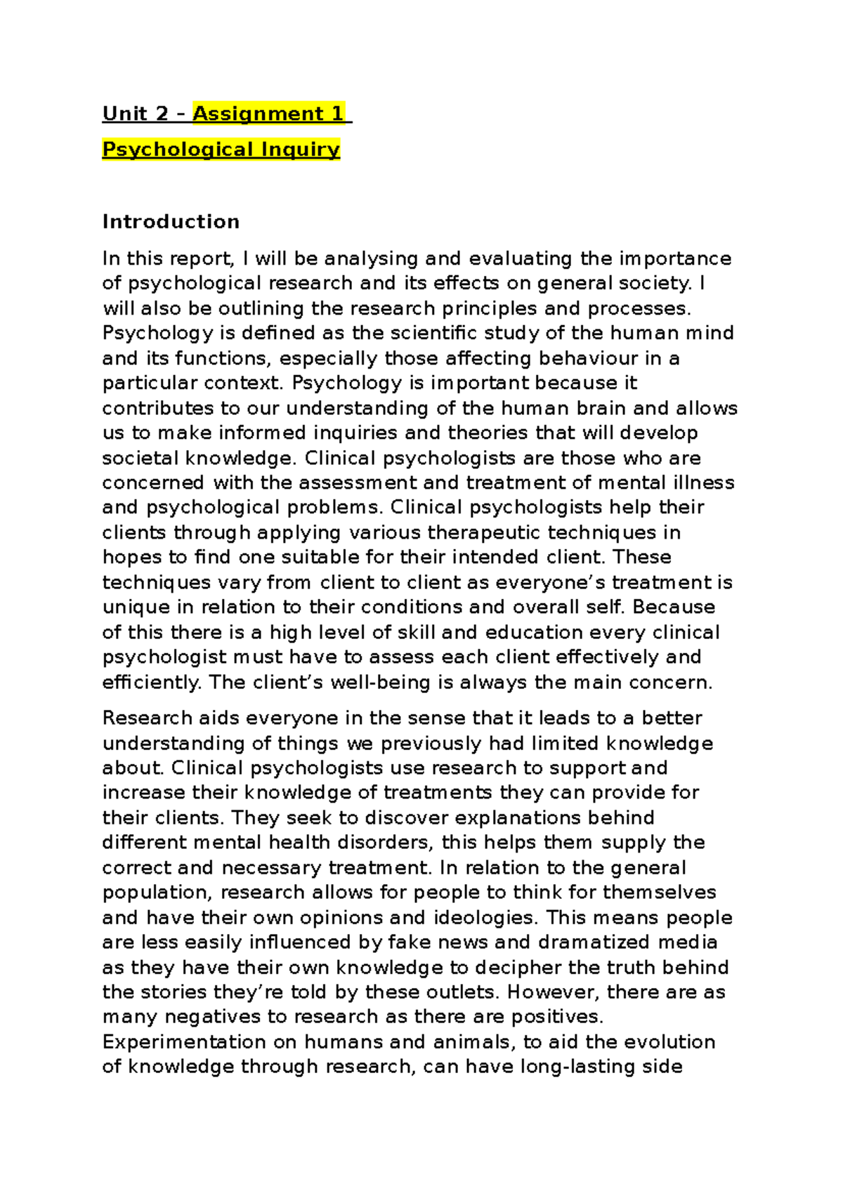 Applied Psychology PSY101 Unit 2 Assignment 1: Evaluating Psychological ...