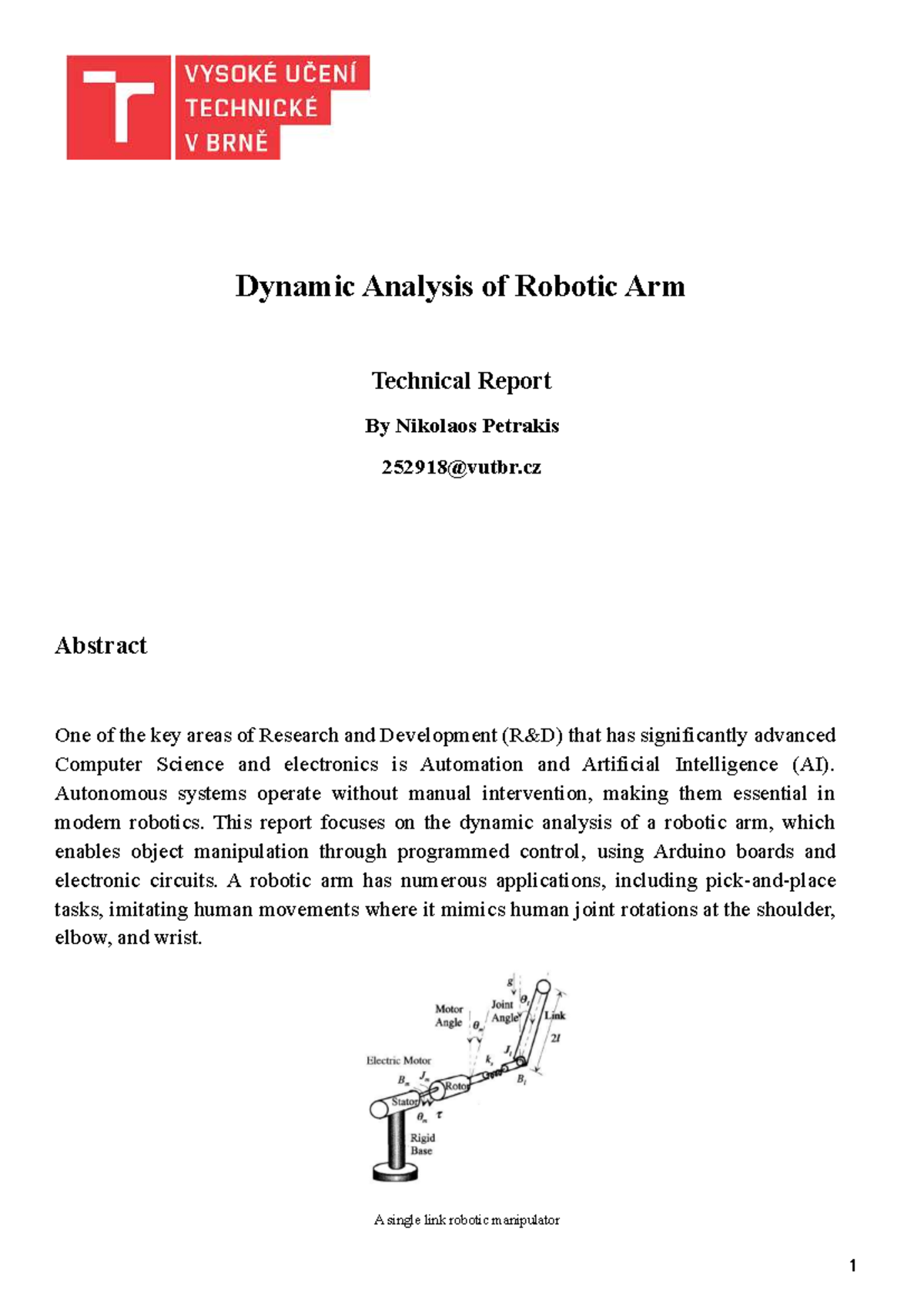 Dynamic Analysis of Robotic Arm: Technical Report (ENGR 301) - Studocu