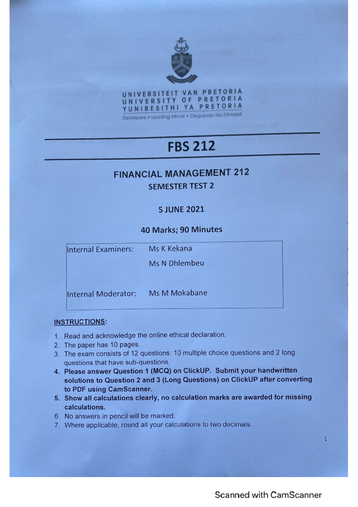 Semester test 2 - FBS 212 - Studocu