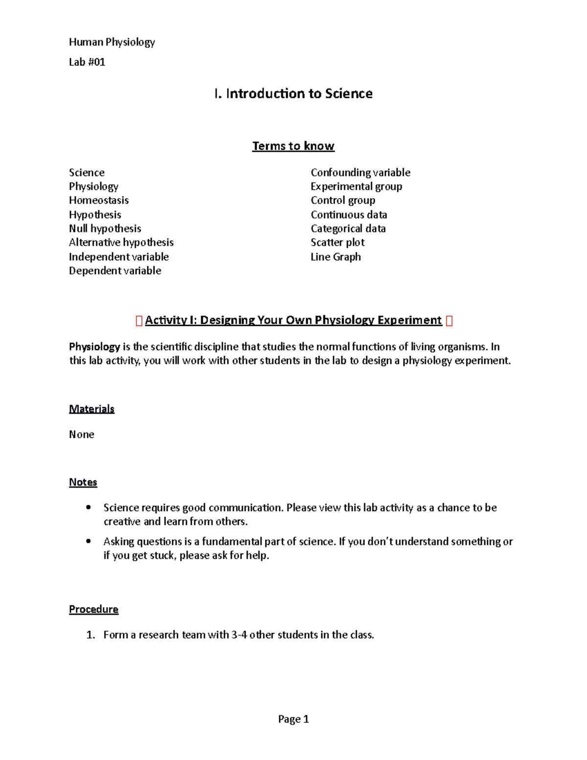 Lab 01: Introduction to Science & Designing Physiology Experiments ...