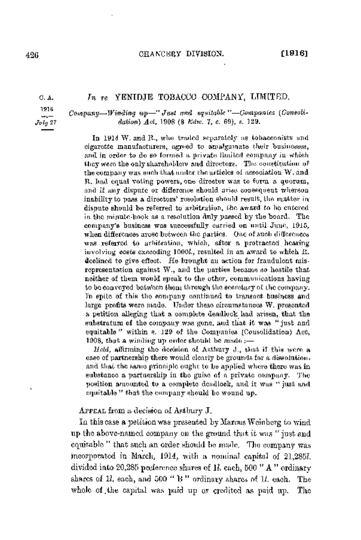 Re Yenidje Tobacco Co Ltd: Just and Equitable Winding Up (1916) 2 Ch 426