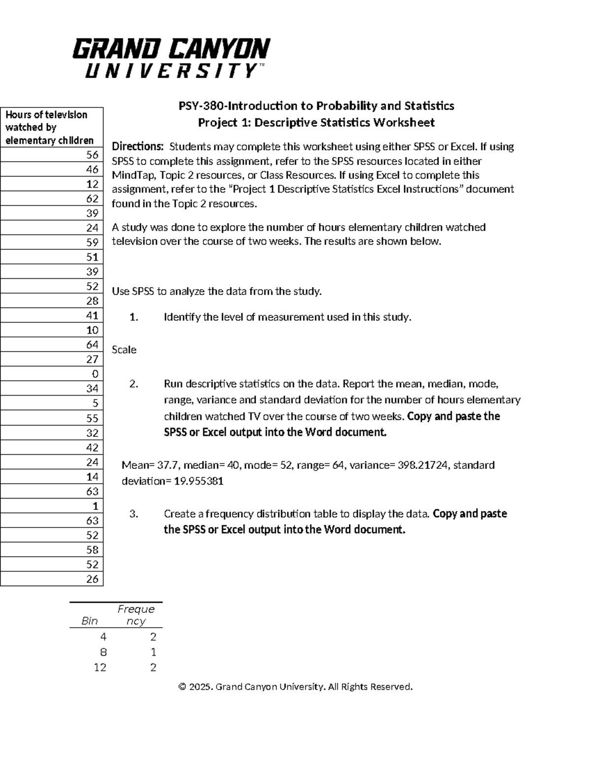 PSY-380 Project 1: Descriptive Statistics Analysis Worksheet - Studocu