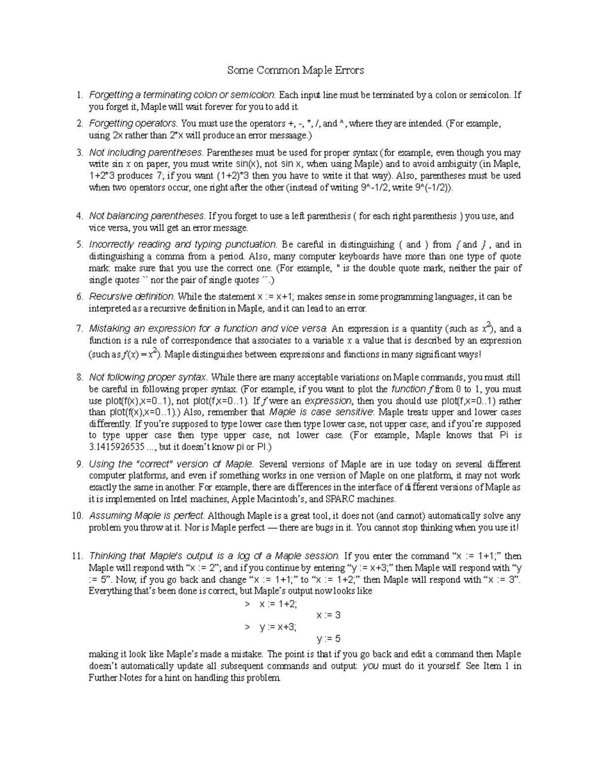 Common Maple Errors and Solutions for Programming Success - Studocu
