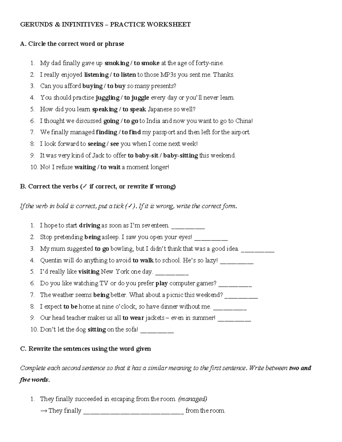 GER 101: Gerunds and Infinitives Practice Worksheet - Studocu