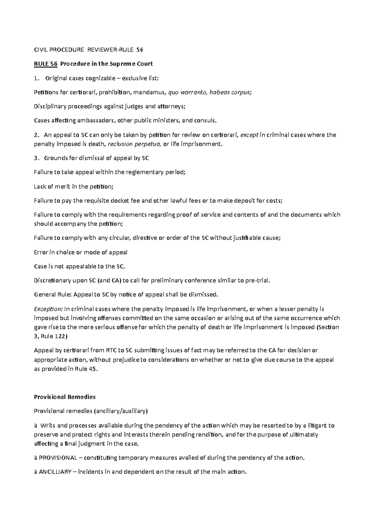 CIVIL PROCEDURE 2 - Rule 56: Supreme Court Appeal Guidelines - Studocu