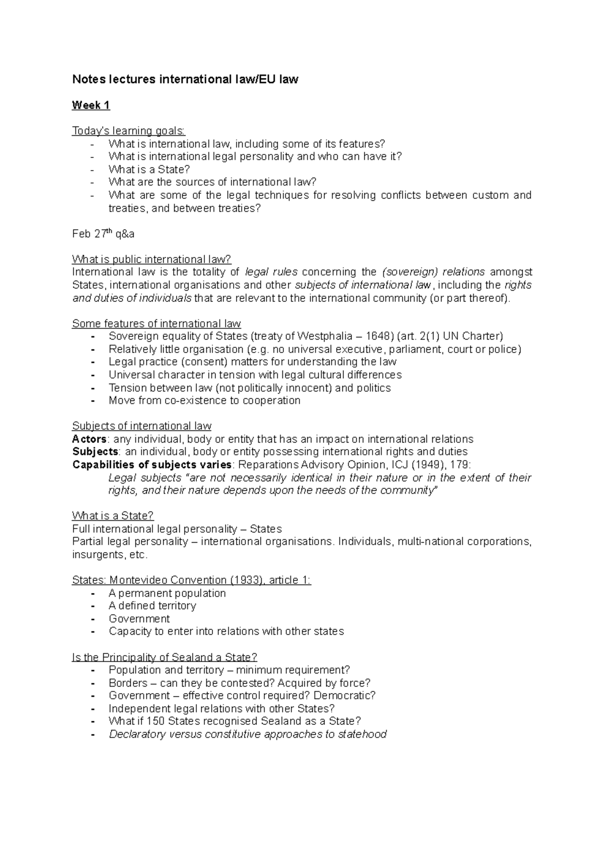 Samenvatting Internationaal recht: Lesnotities en Concepten (IL101 ...
