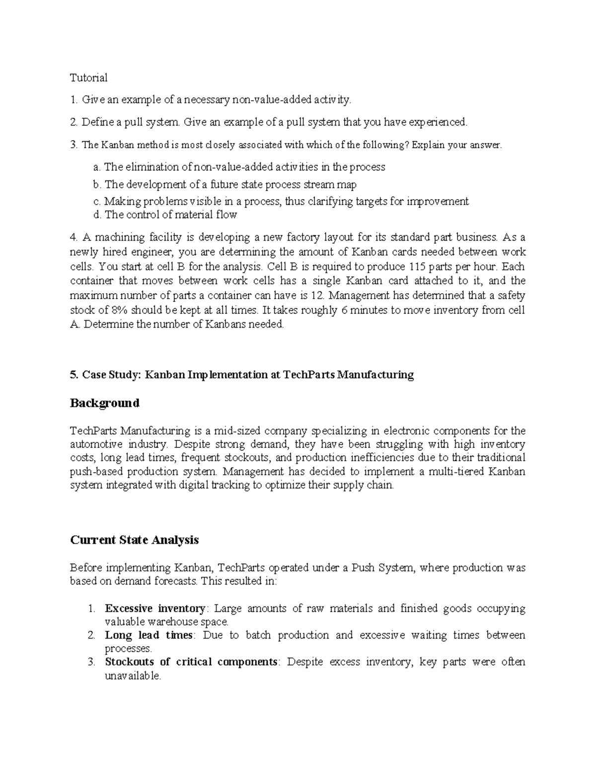 Flow, Pull, and Kanban: Case Study on TechParts Manufacturing - Studocu