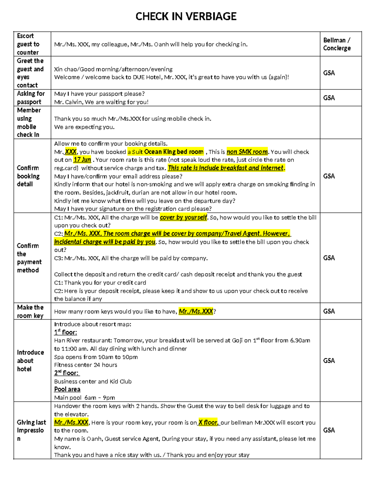Check-In Verbiage for DUE Hotel - Guest Service Guide - Studocu