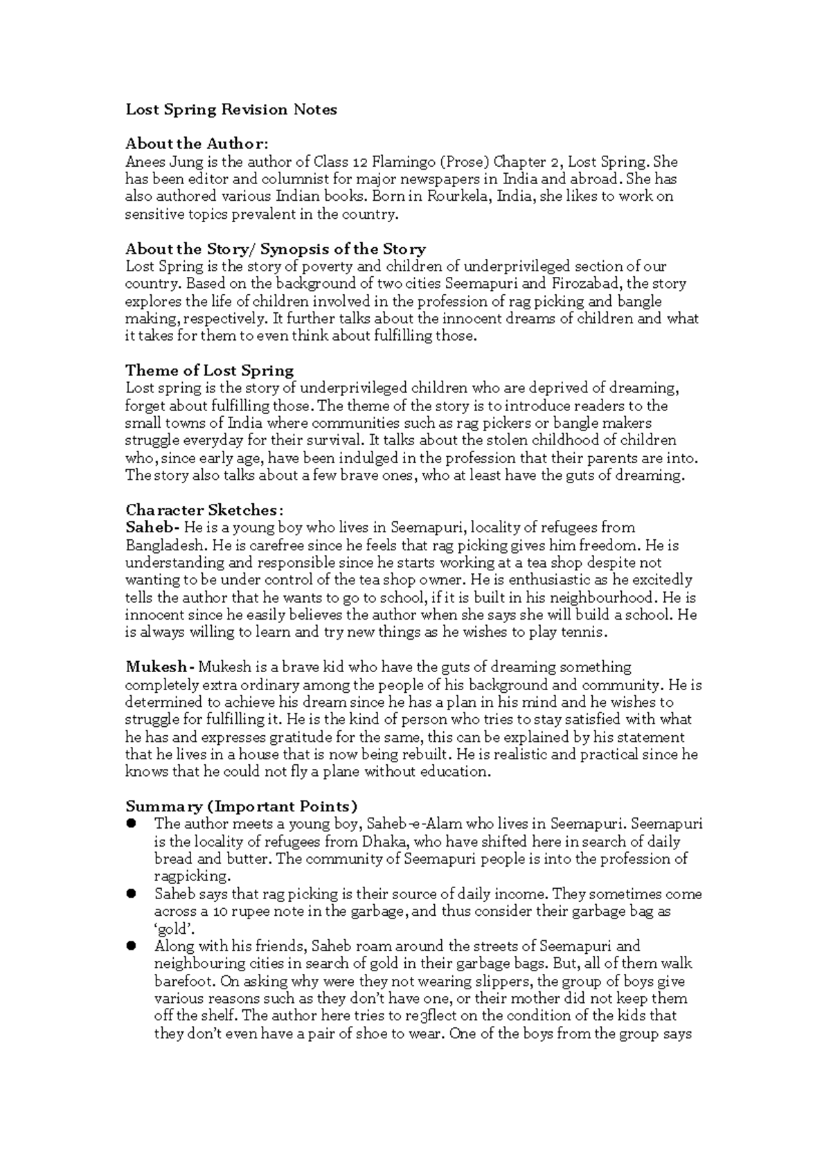 Lost Spring Revision Notes for CBSE Class 11 English Literature - Studocu