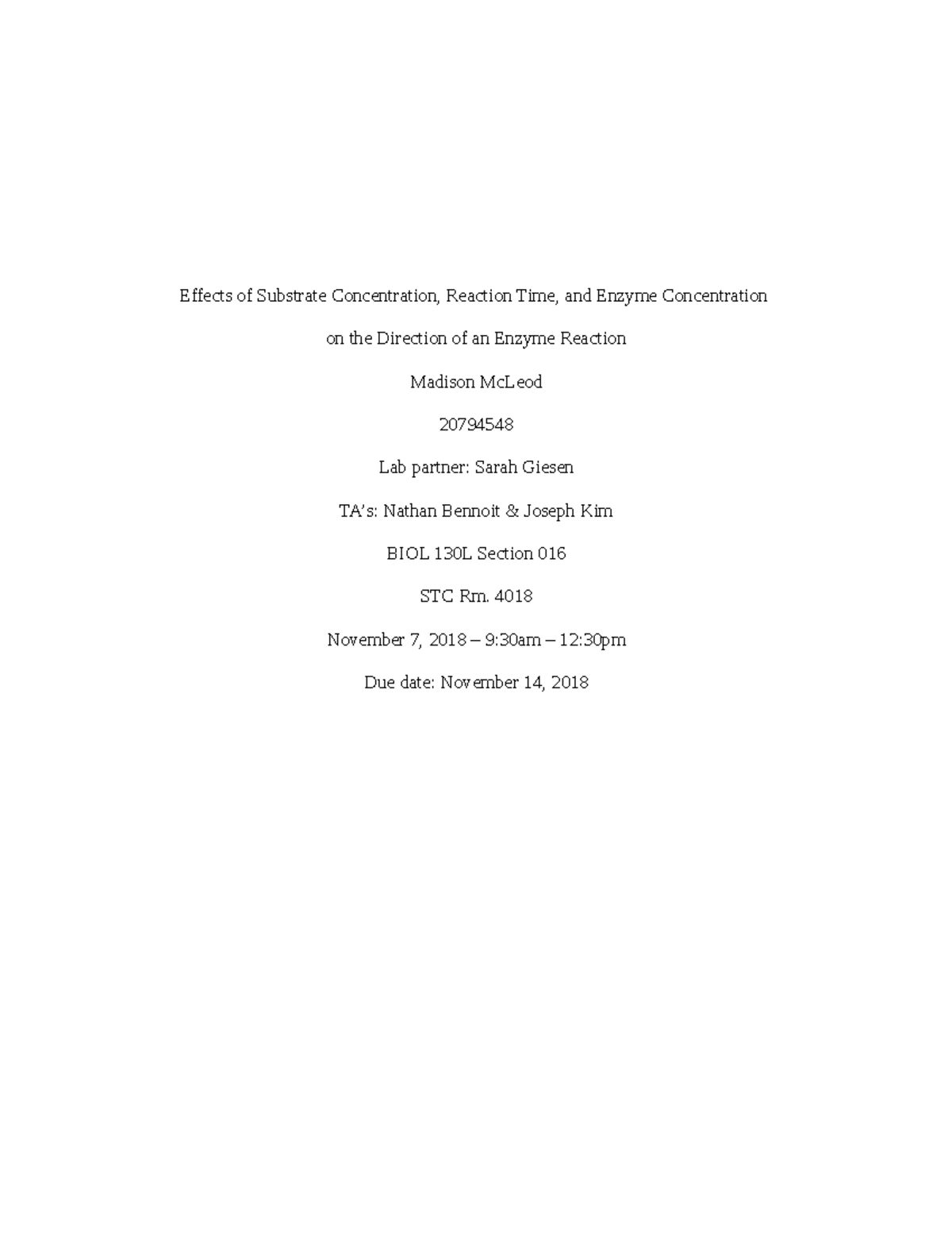 BIOL 130L Enzymes Lab Report - Biol 130 - UWaterloo - Studocu