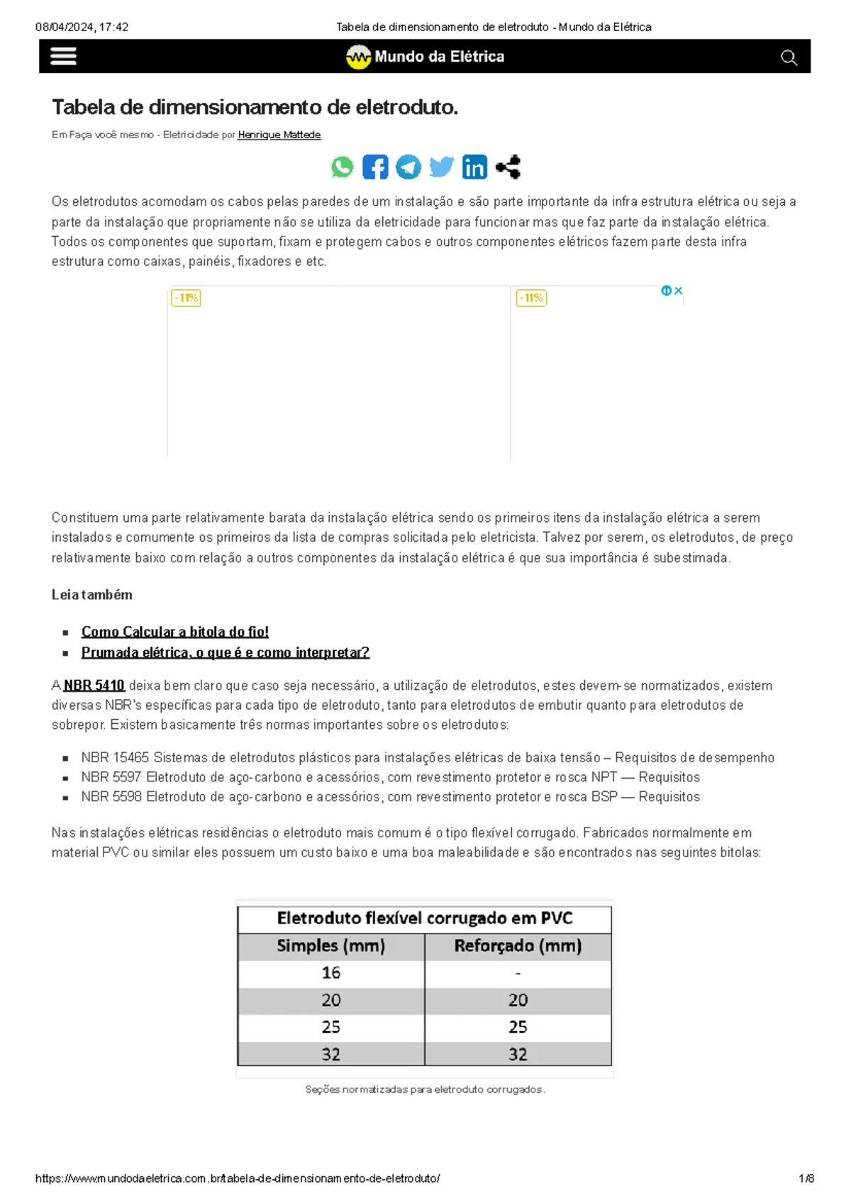 Tabela de Dimensionamento de Eletrodutos - Mundo da Elétrica - Studocu
