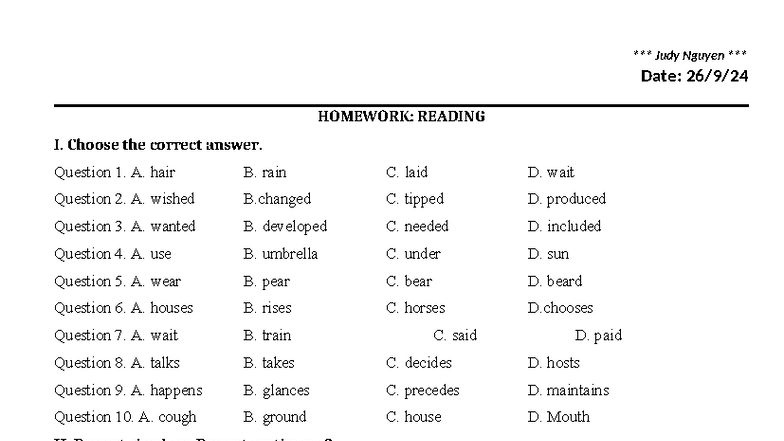 Judy Nguyen - Homework: Reading & Grammar Practice 26 - Studocu