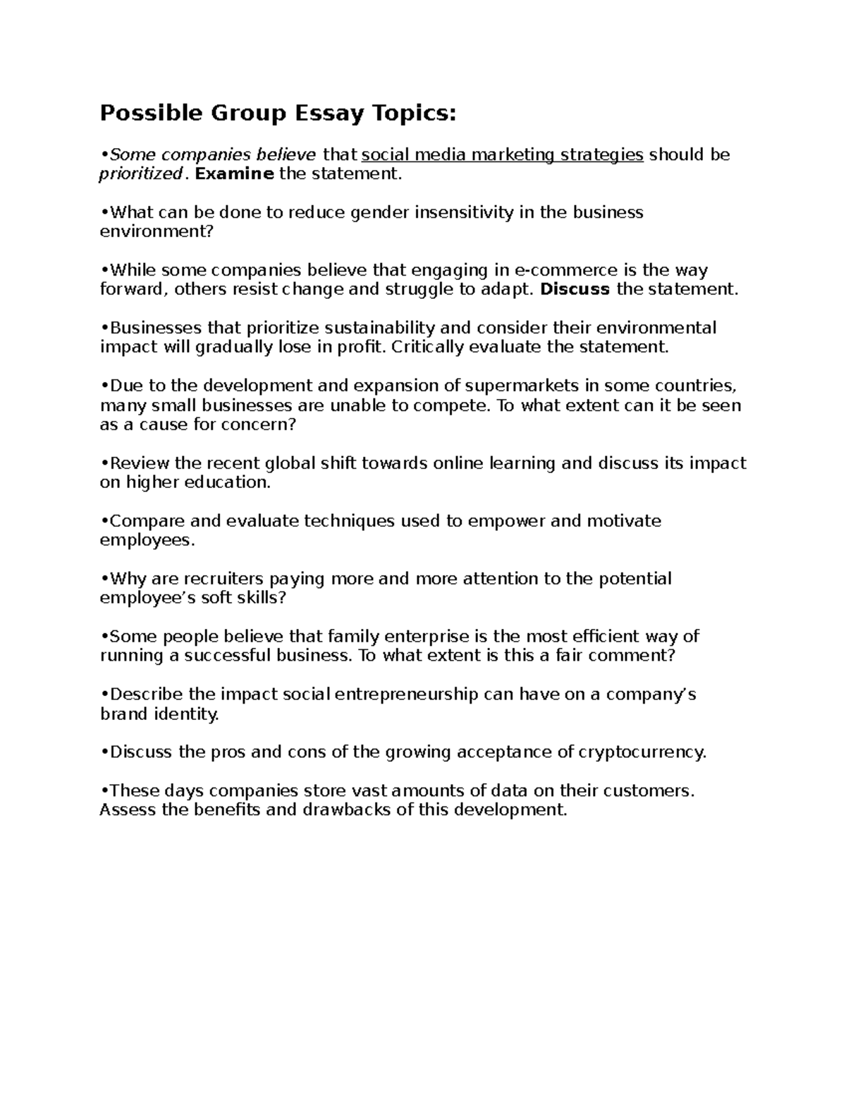 Group Essay Topics for Business Studies - Analysis & Discussion - Studocu