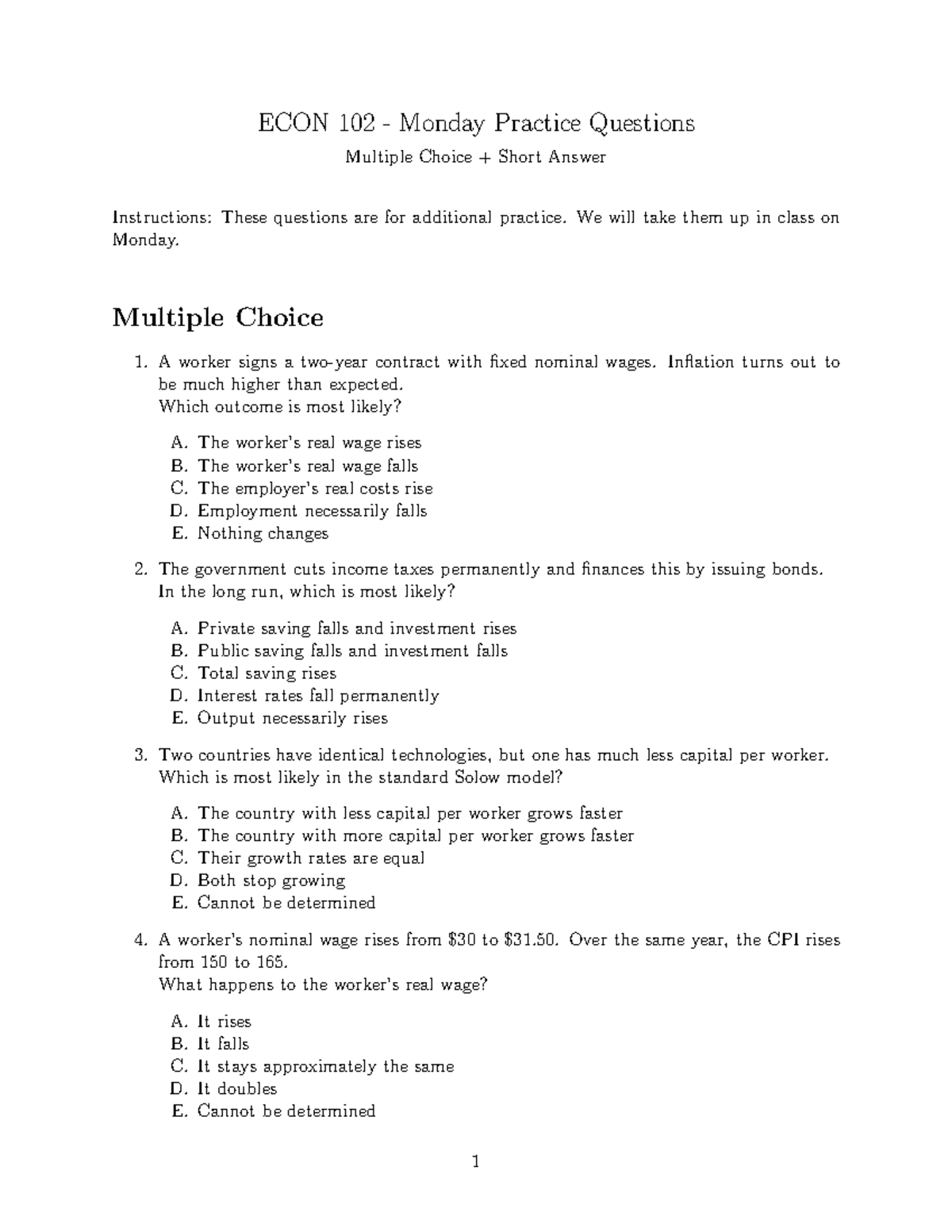 ECON 102 Monday Practice Questions: MC & Short Answer Review - Studocu