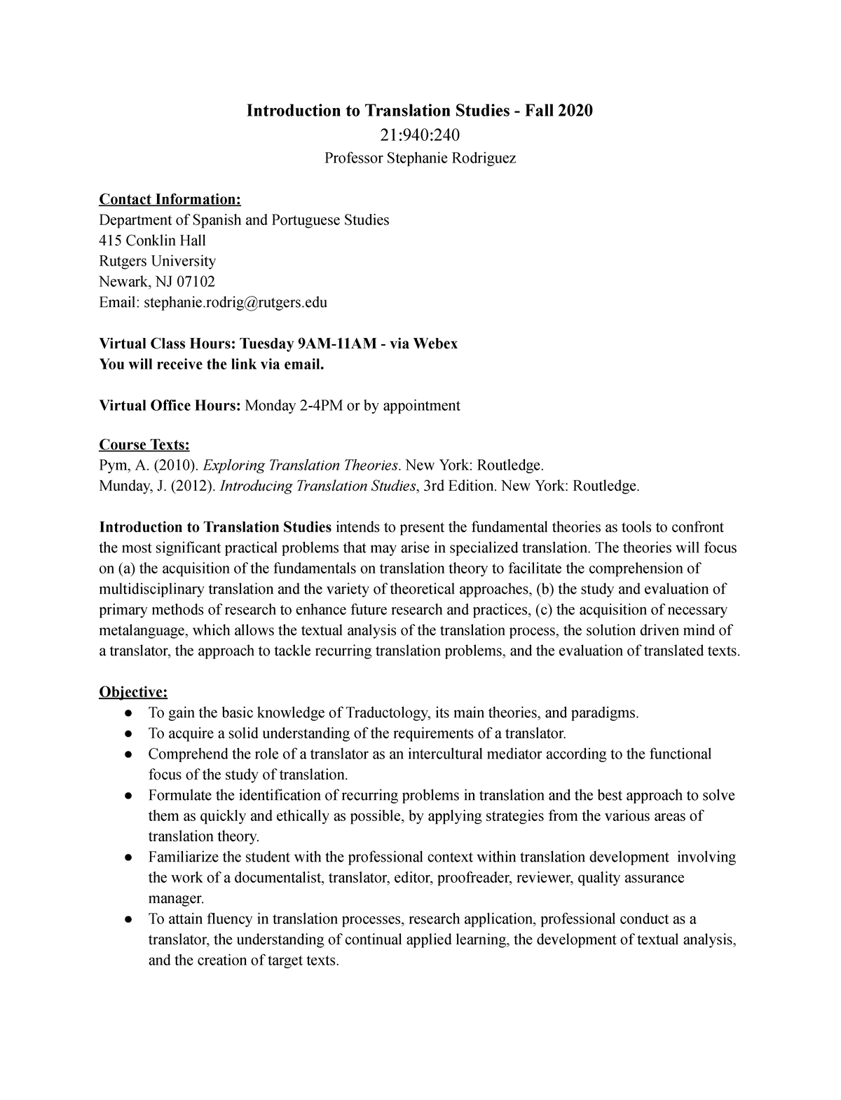 21:940 Introduction to Translation Studies - Fall 2020 Syllabus - Studocu