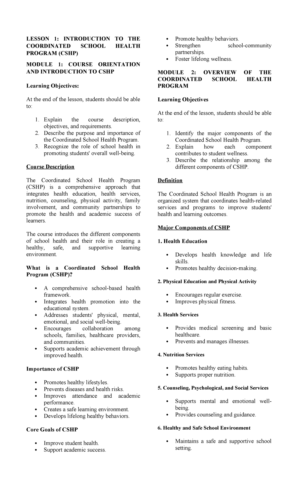LESSON 1: INTRODUCTION TO COORDINATED SCHOOL HEALTH PROGRAM (CSHP ...