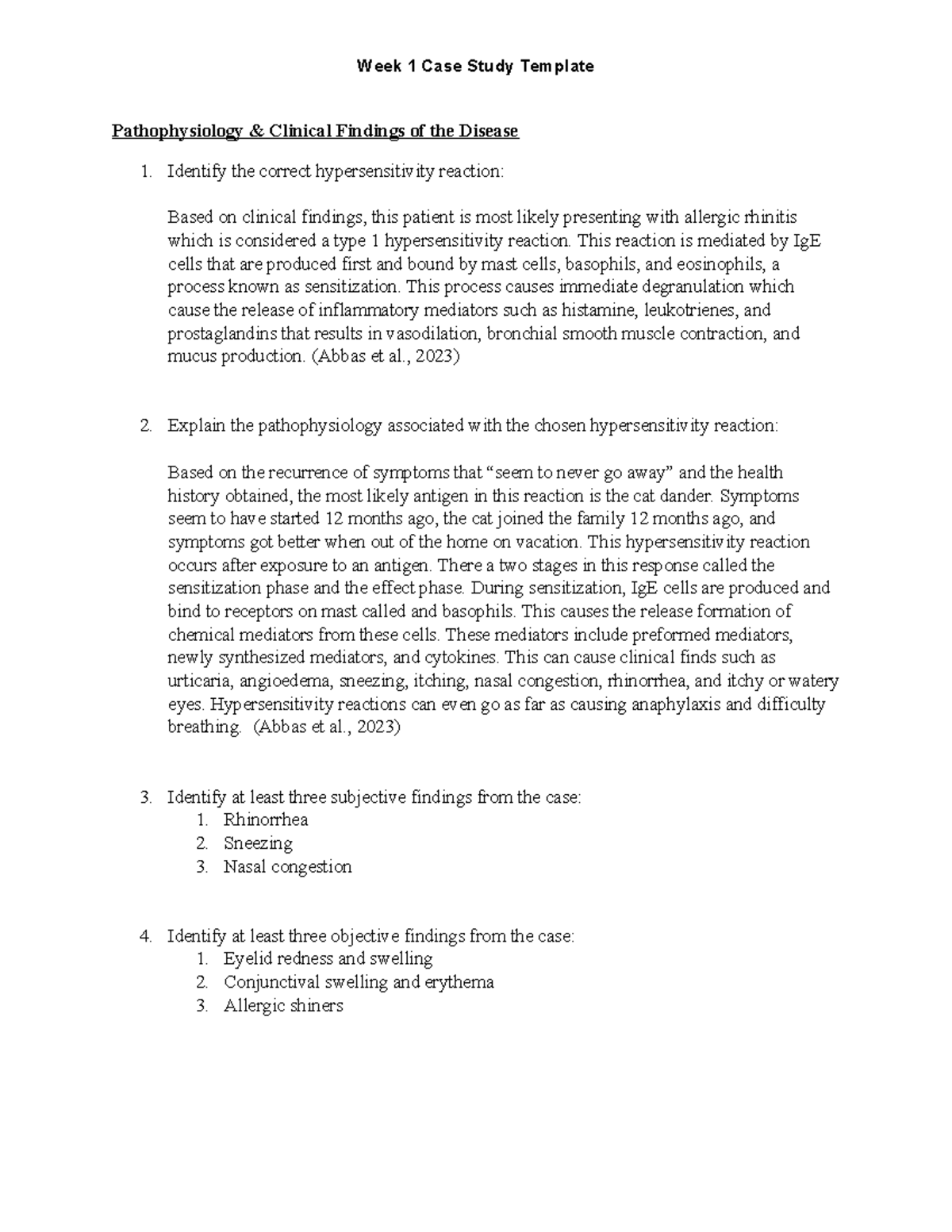 Week 1 Case Study: Pathophysiology & Clinical Management of Allergic ...