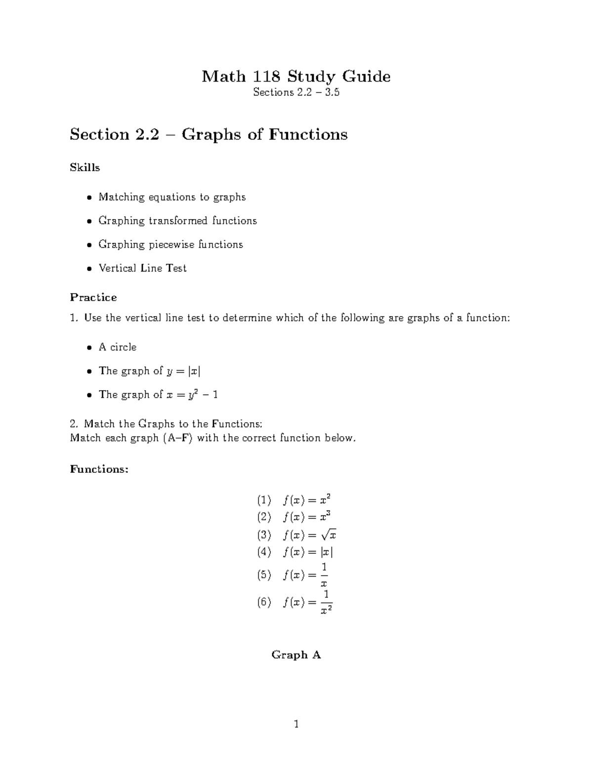 Math 118 Exam 2 Study Guide: Graphs, Functions, and Transformations ...