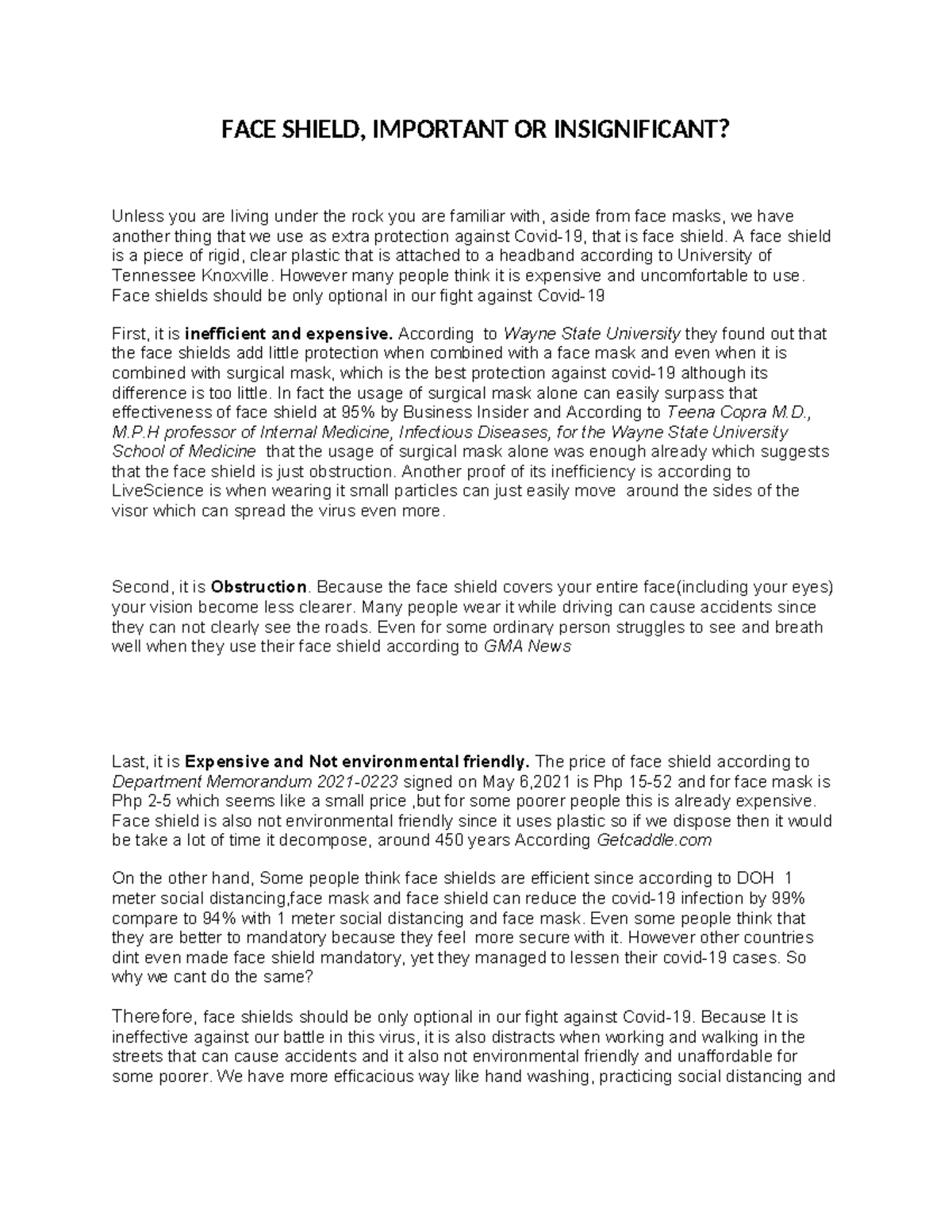FACE Shield Argumentative Essay - FACE SHIELD, IMPORTANT OR ...