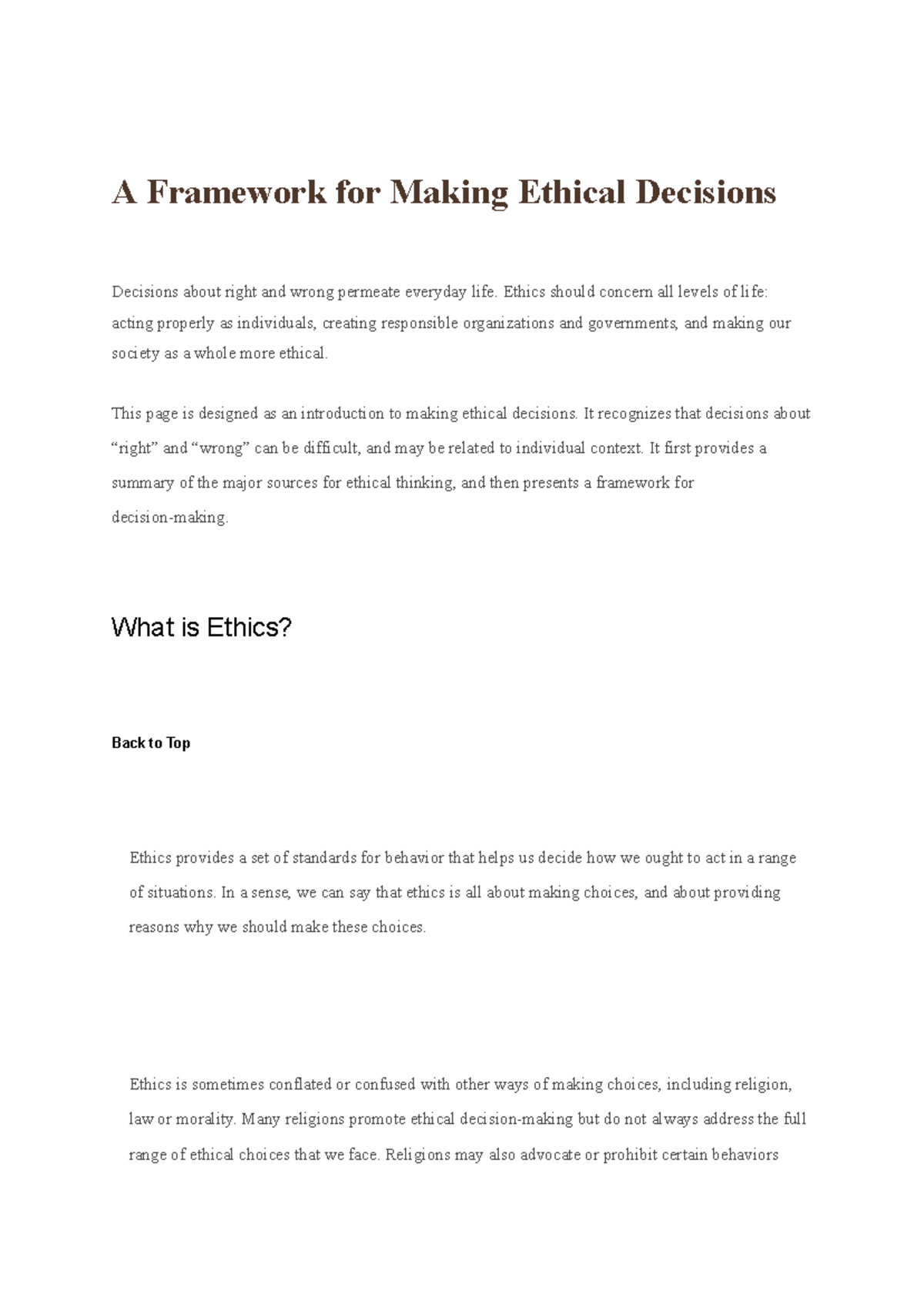 Ethics Framework: Making Ethical Decisions in Everyday Life - Studocu