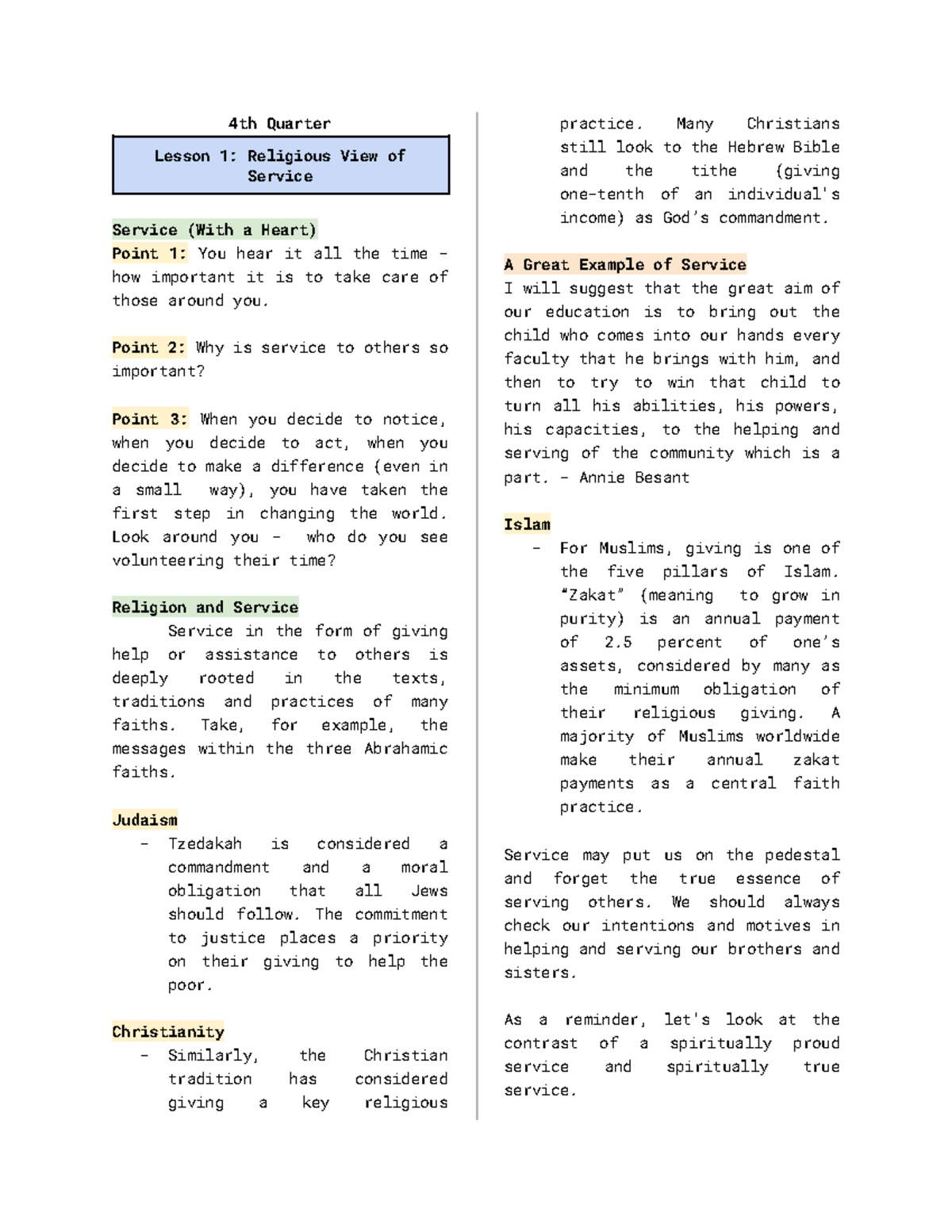 Values of Service: Insights and Reflections - Notes Q4 (ASDR3WAE) - Studocu