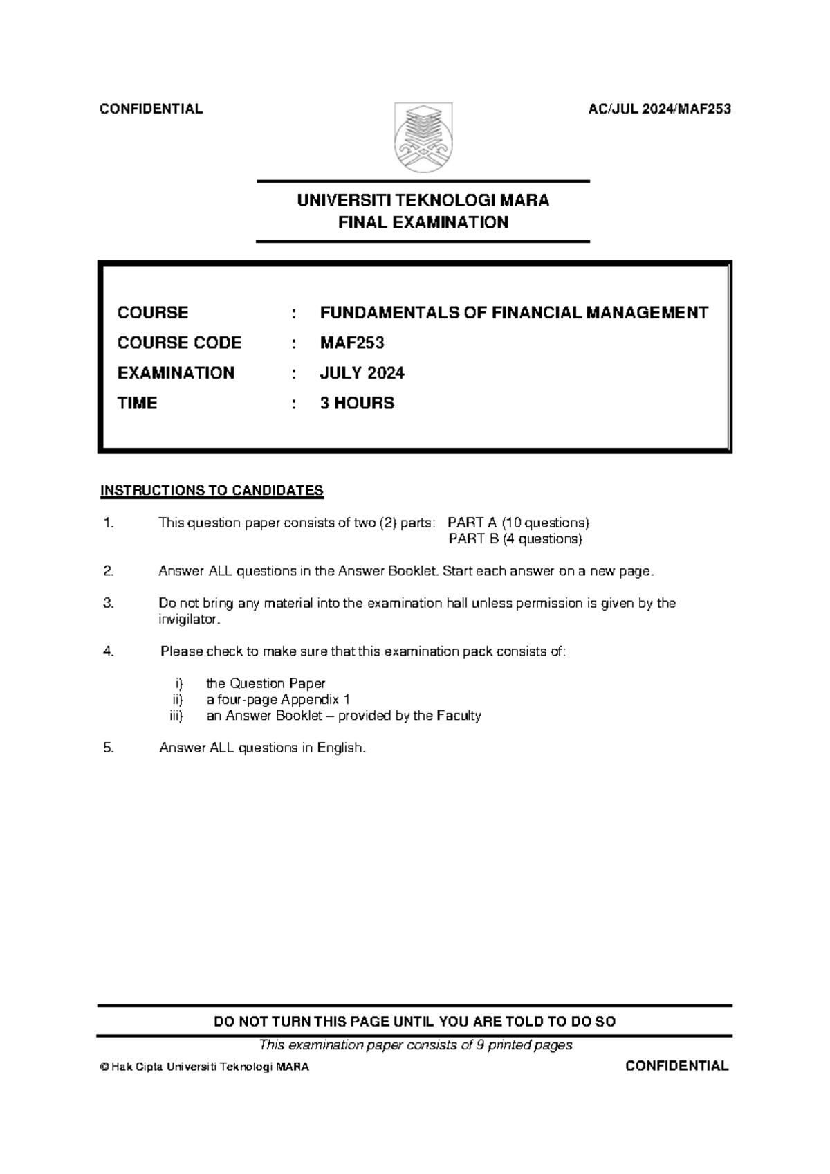 MAF253 JULY 2024 - Final Exam Questions and Instructions - Studocu