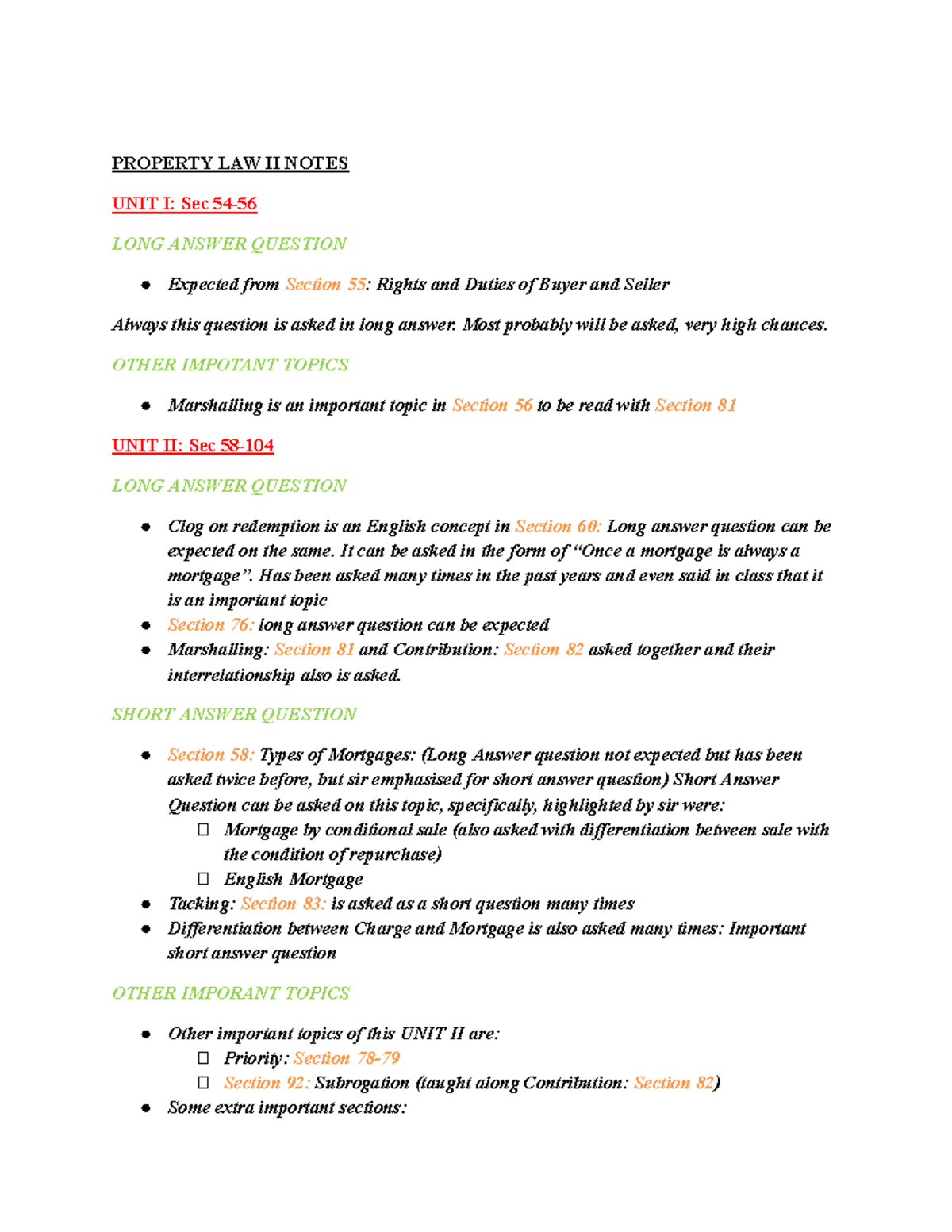 PROPERTY LAW II NOTES: Key Topics and Long Answer Questions - Studocu