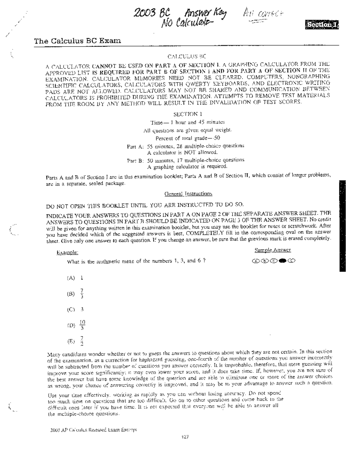 2003 AP Calculus BC Exam Solutions: Answer Key for Sections I & II ...