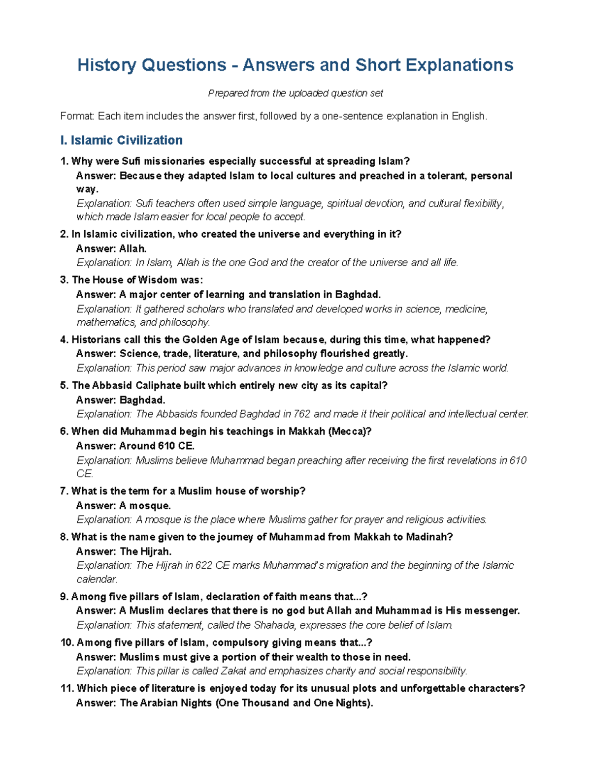 History Questions & Answers: Islamic, Indian, & Chinese Civilizations ...