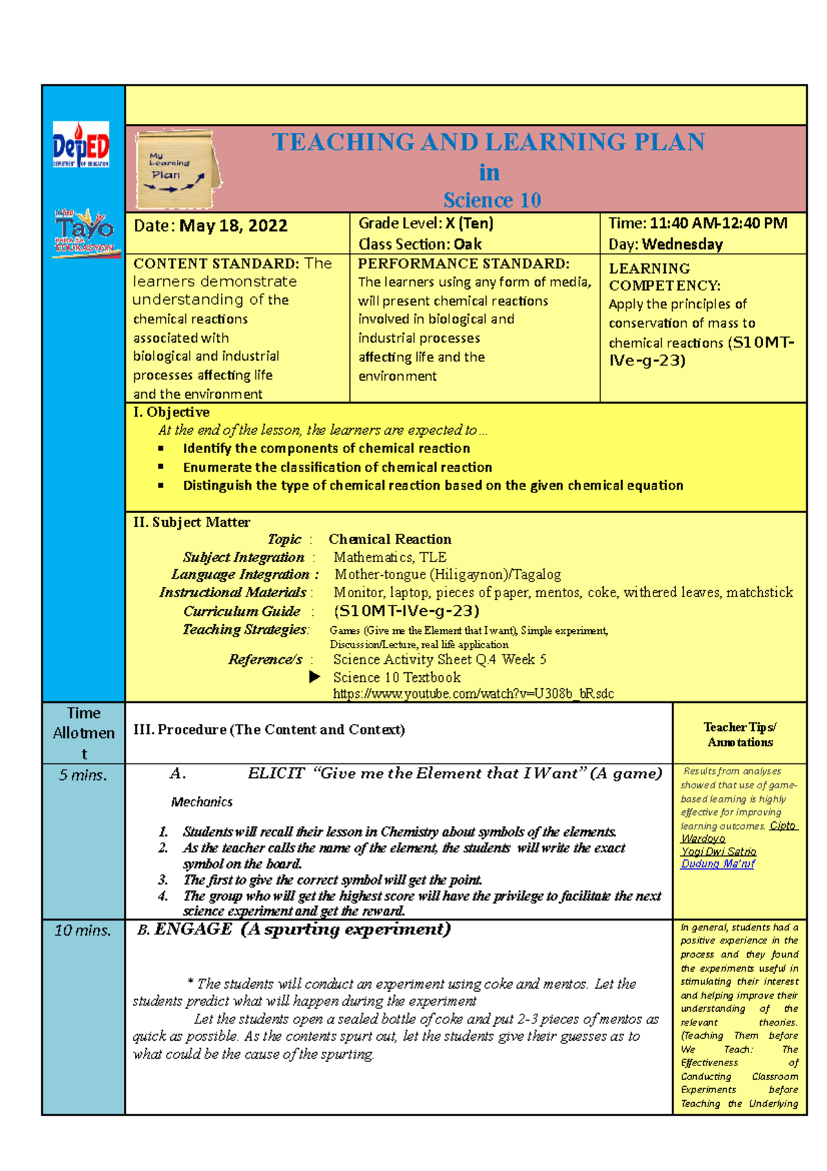 Lesson Plan for Chemical Reactions in Science 10 Class - Studocu
