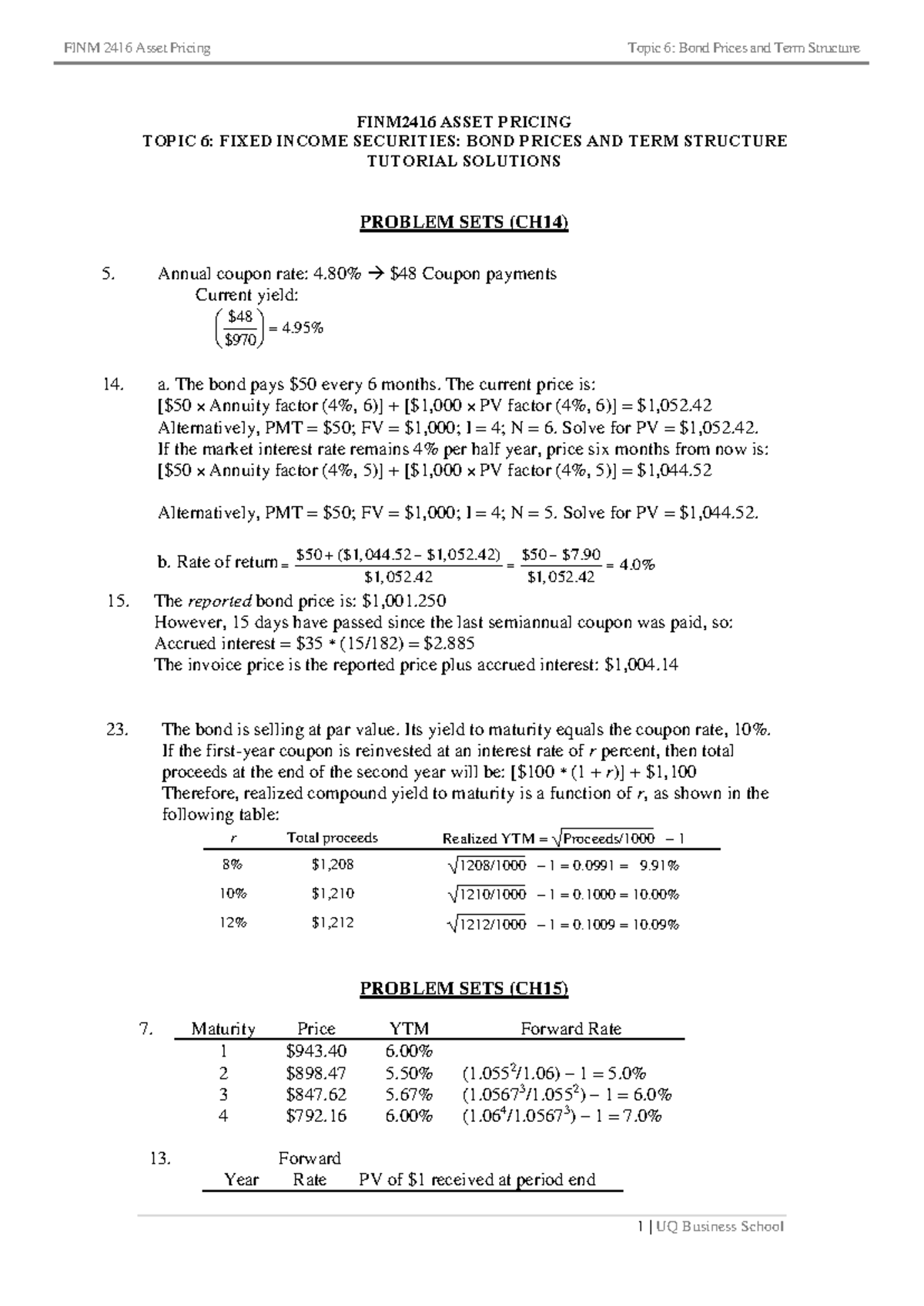FINM 2416 Tutorial Solutions: Bond Prices & Term Structure (Topic 6 ...
