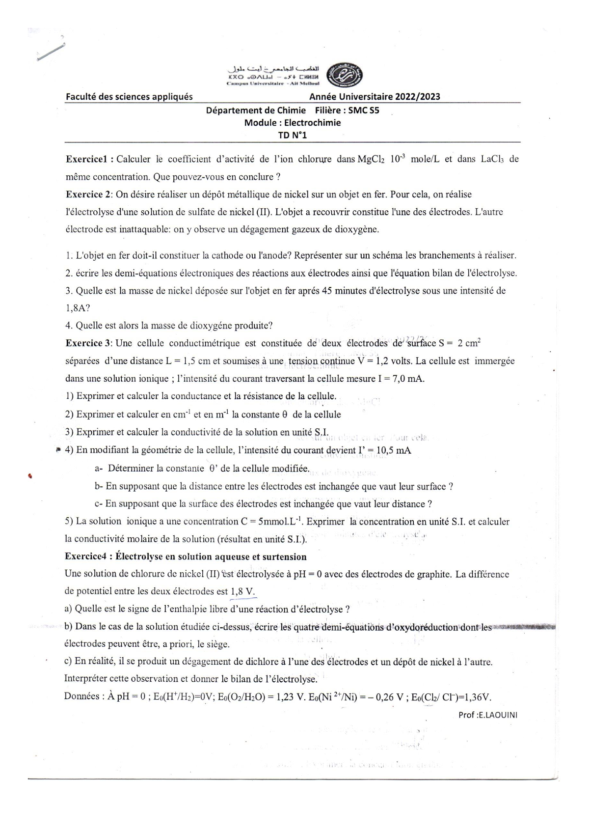 1671712345240 TD1 2022 electrochimie - chimie en solution - Studocu