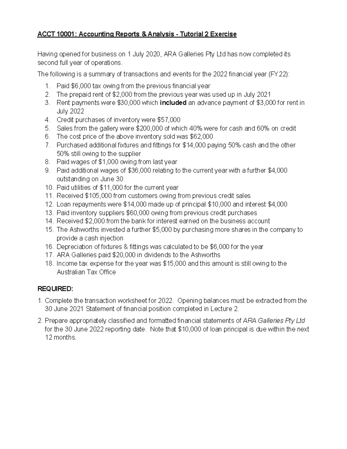 ACCT 10001: Accounting Reports - Tutorial 2 Transaction Analysis - Studocu