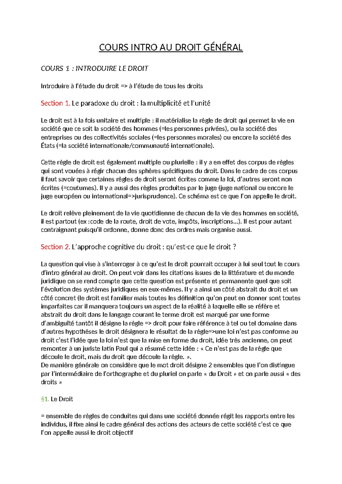 COURS INTRO AU DROIT GÉNÉRAL - COURS 1 : INTRODUCTION AU DROIT - Studocu