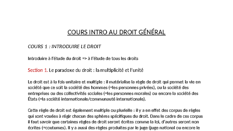 COURS INTRO AU DROIT GÉNÉRAL - COURS 1 : INTRODUCTION AU DROIT - Studocu