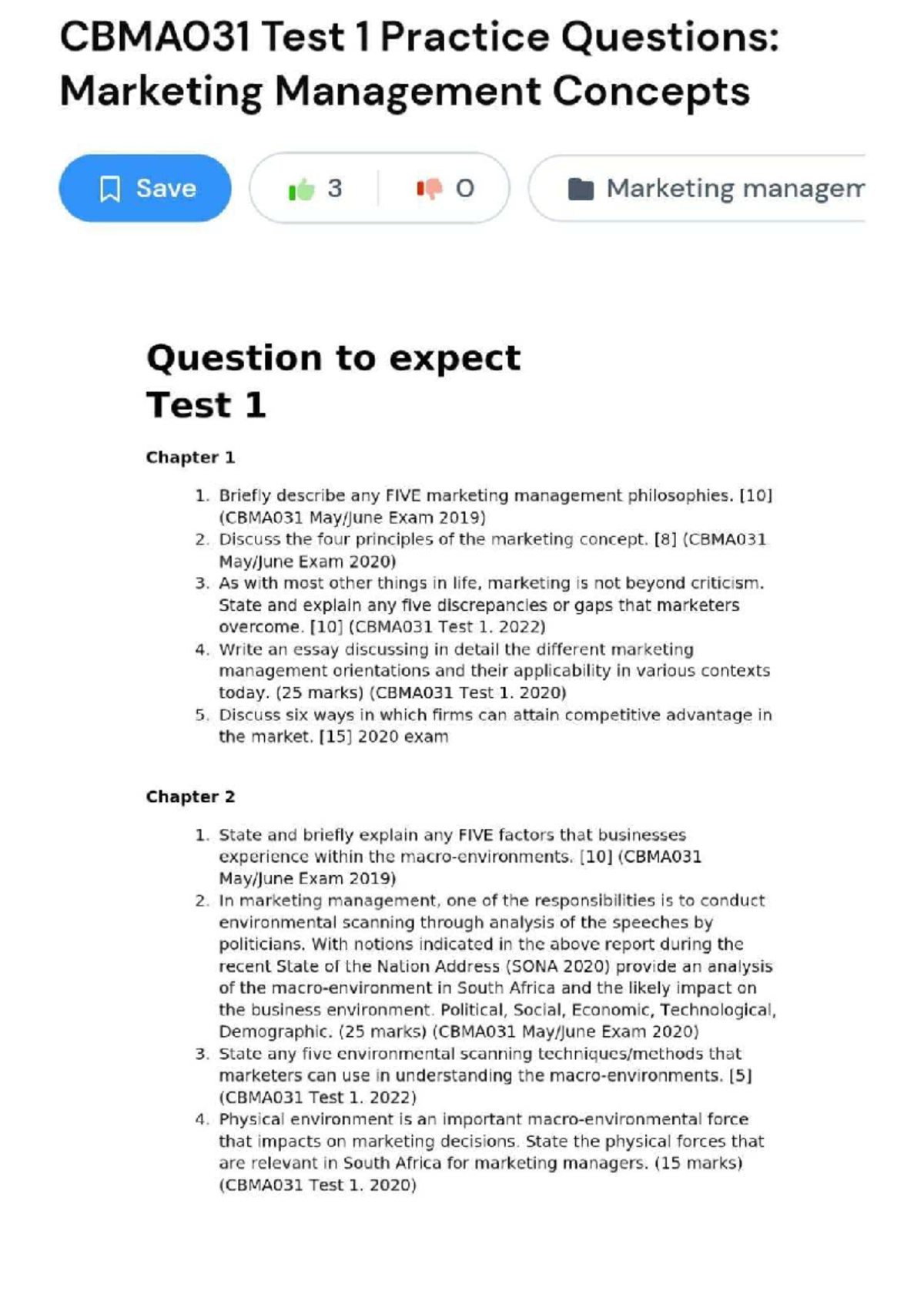 CBMA031 Test 1 Practice Questions: Marketing Management Concepts - Studocu