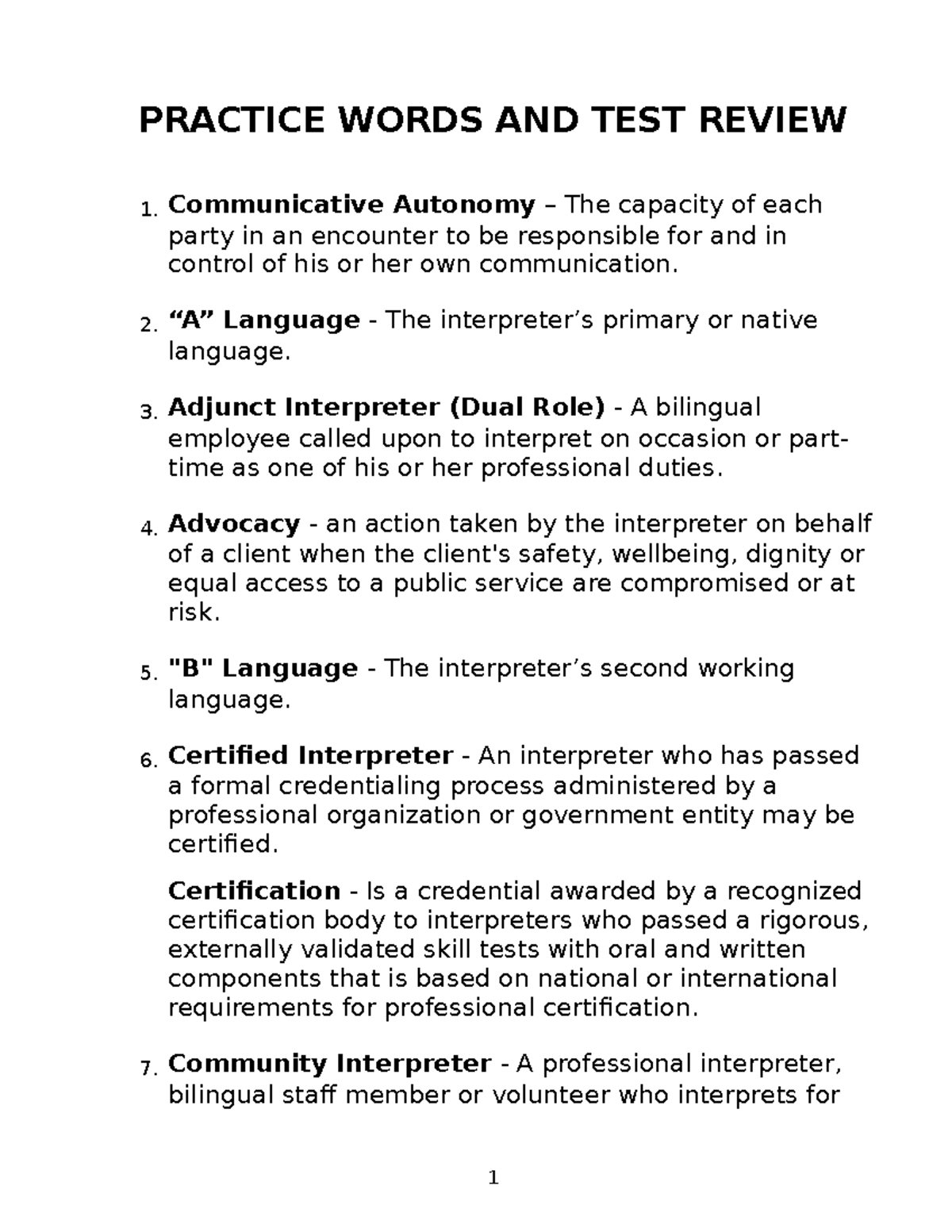 PRACTICE WORDS AND TEST REVIEW FOR INTERPRETING 101 - Studocu