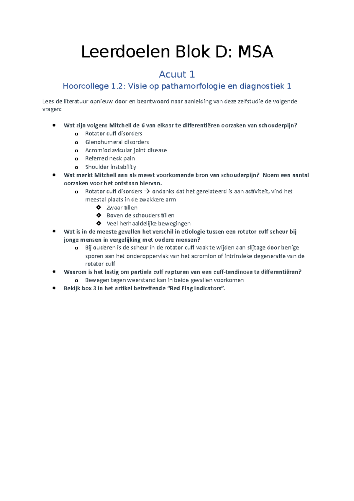 Leerdoelen Blok D: MSA - Hoorcolleges en Acute Letsels - Studeersnel