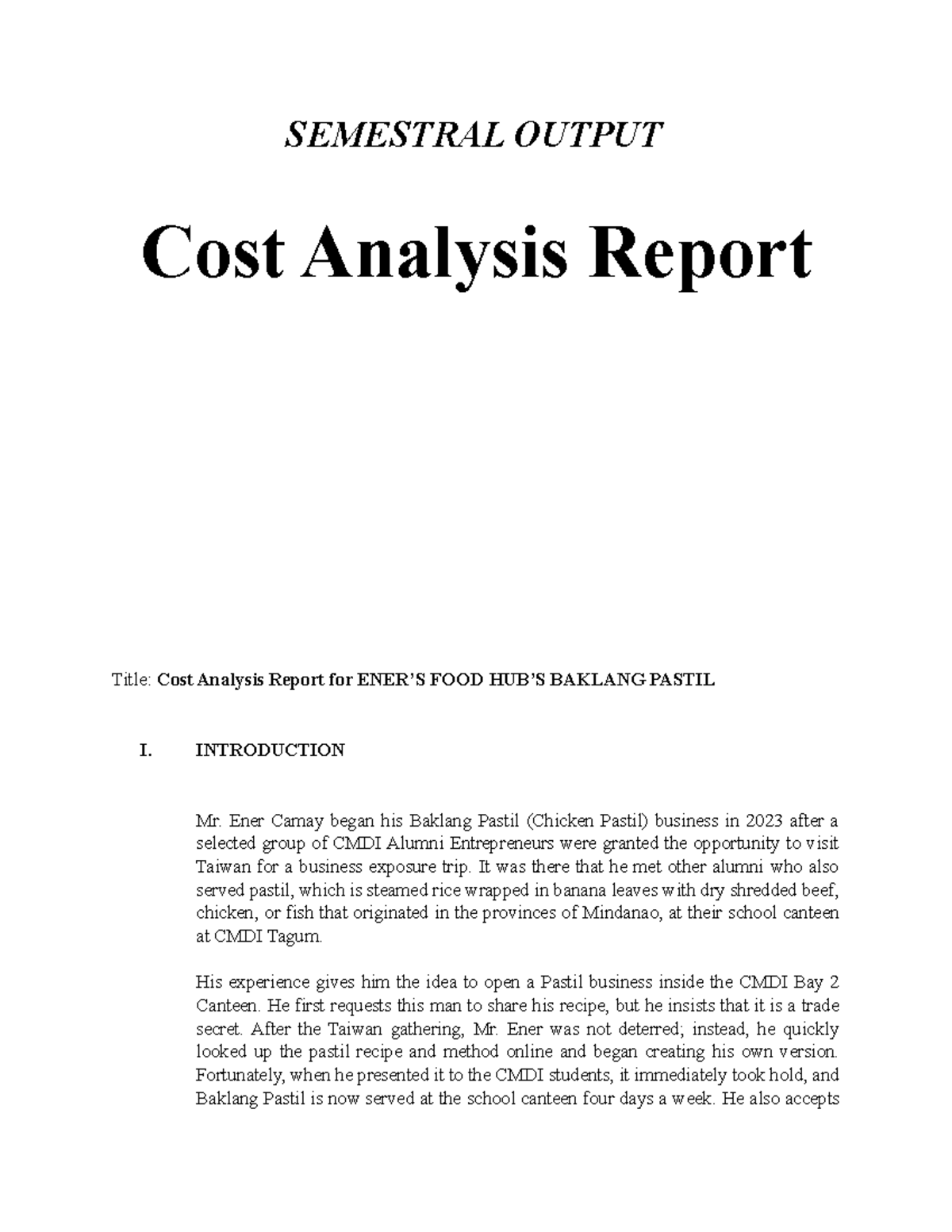 COST Analysis FOR A Small Business - SEMESTRAL OUTPUT Cost Analysis ...