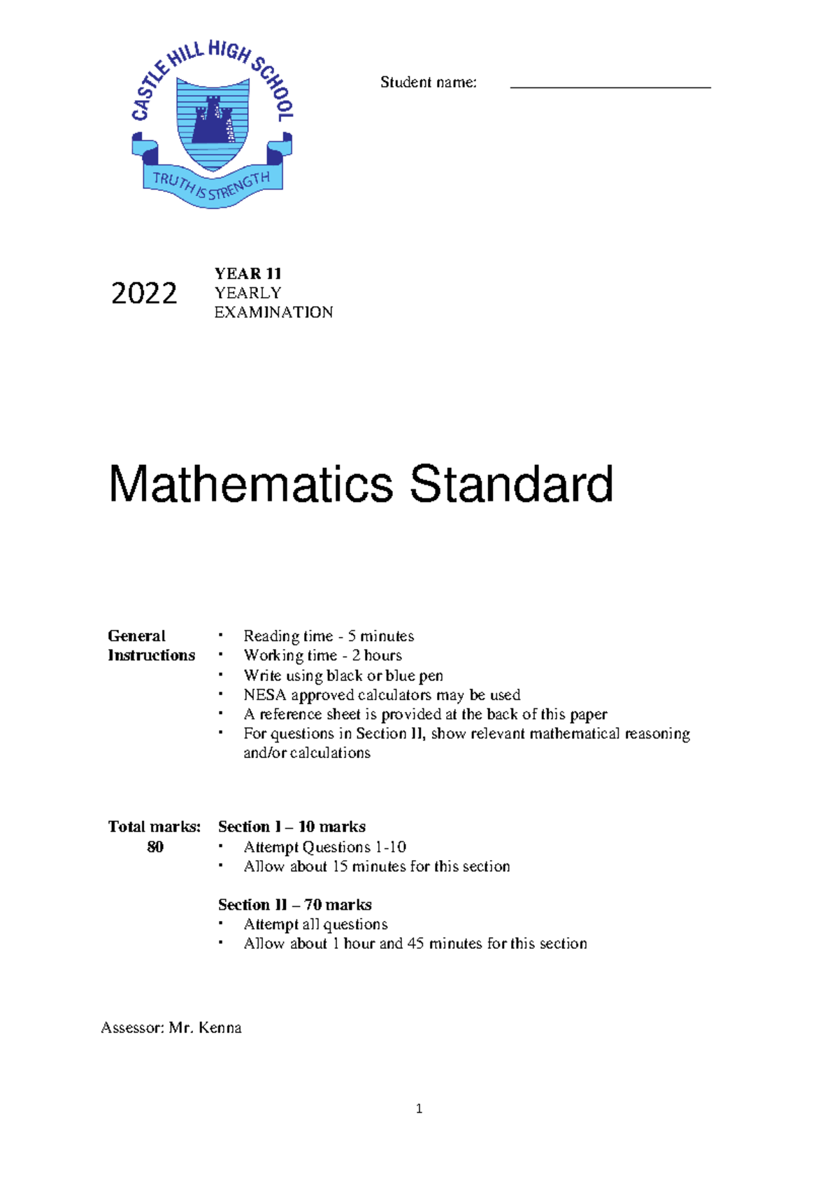 2022 HSC Year 11 Mathematics Standard Exam Practice Paper - Studocu