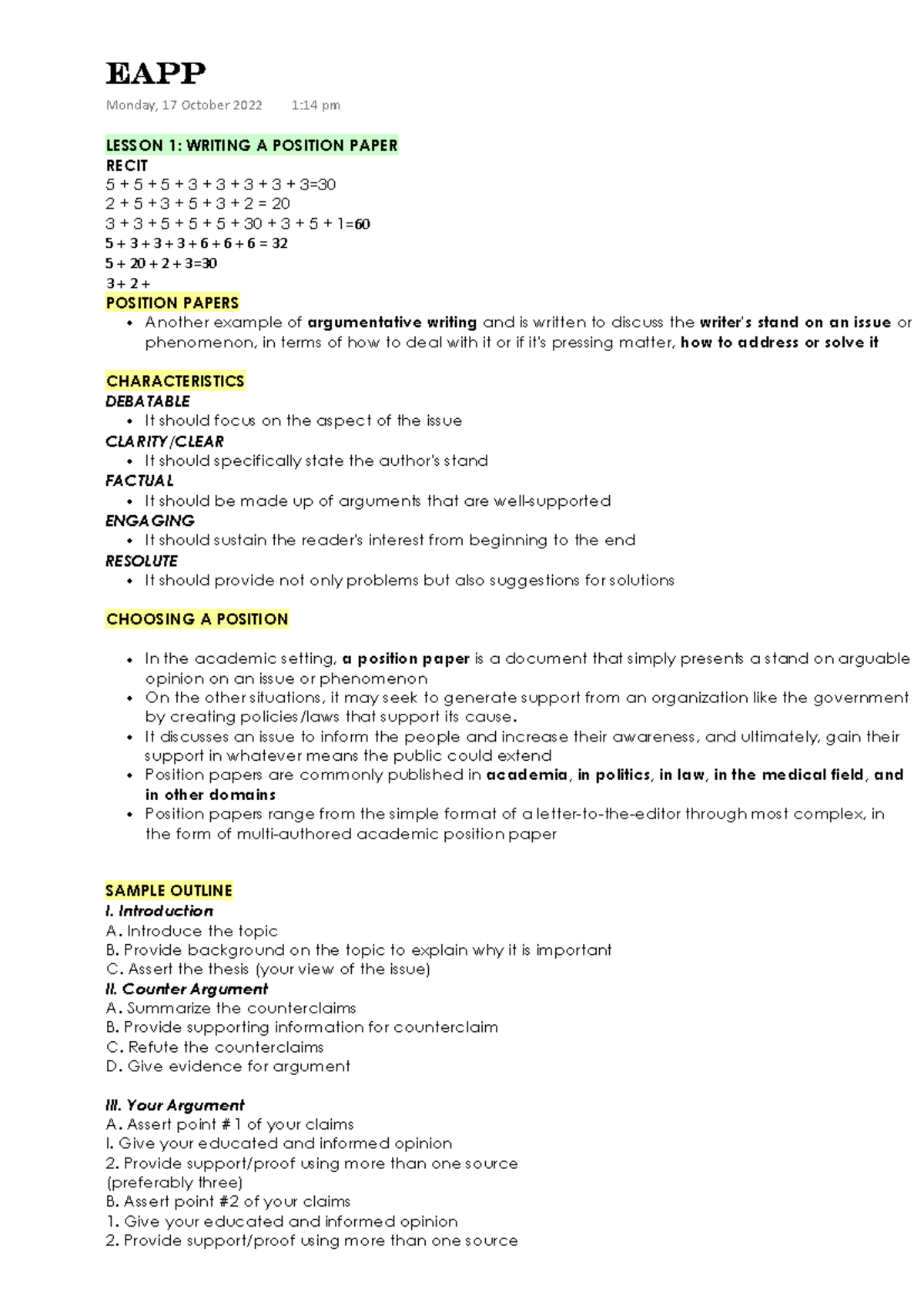 Senior High School - EAPP Reviewer: Position Paper Lessons - Studocu