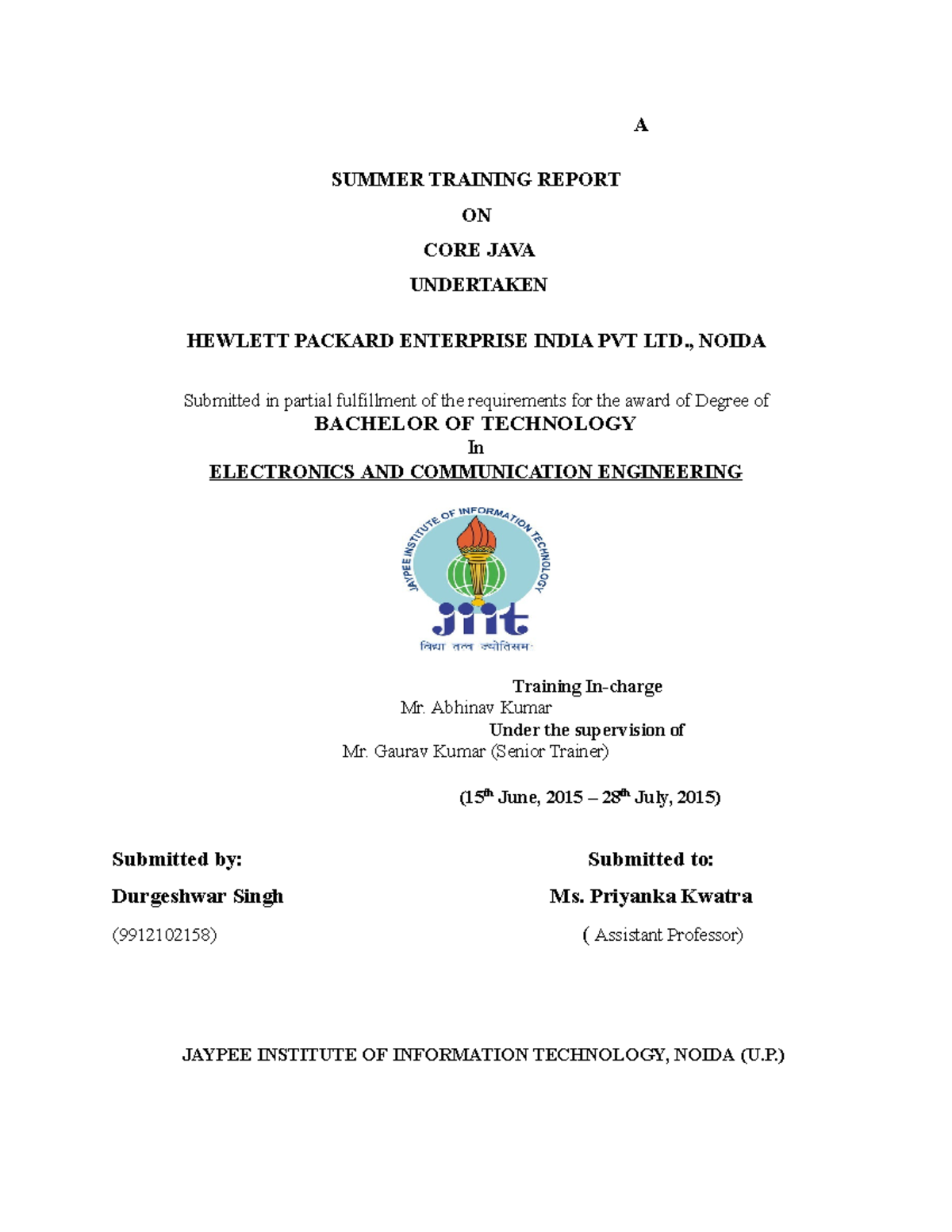 Core Java Summer Training Report - B.Tech ECE (2015) - Studocu