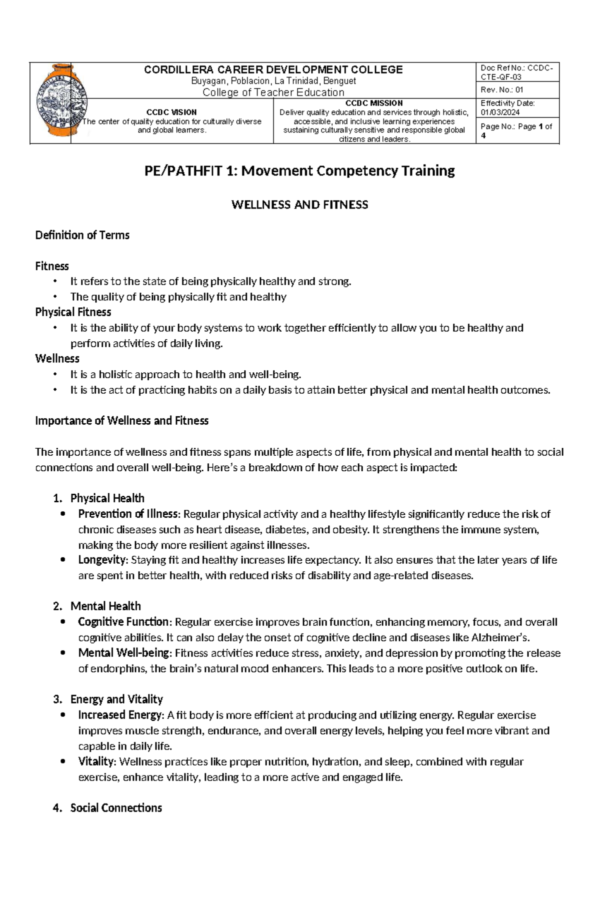Wellness and Fitness Training Overview - CCDC Course Notes - Studocu