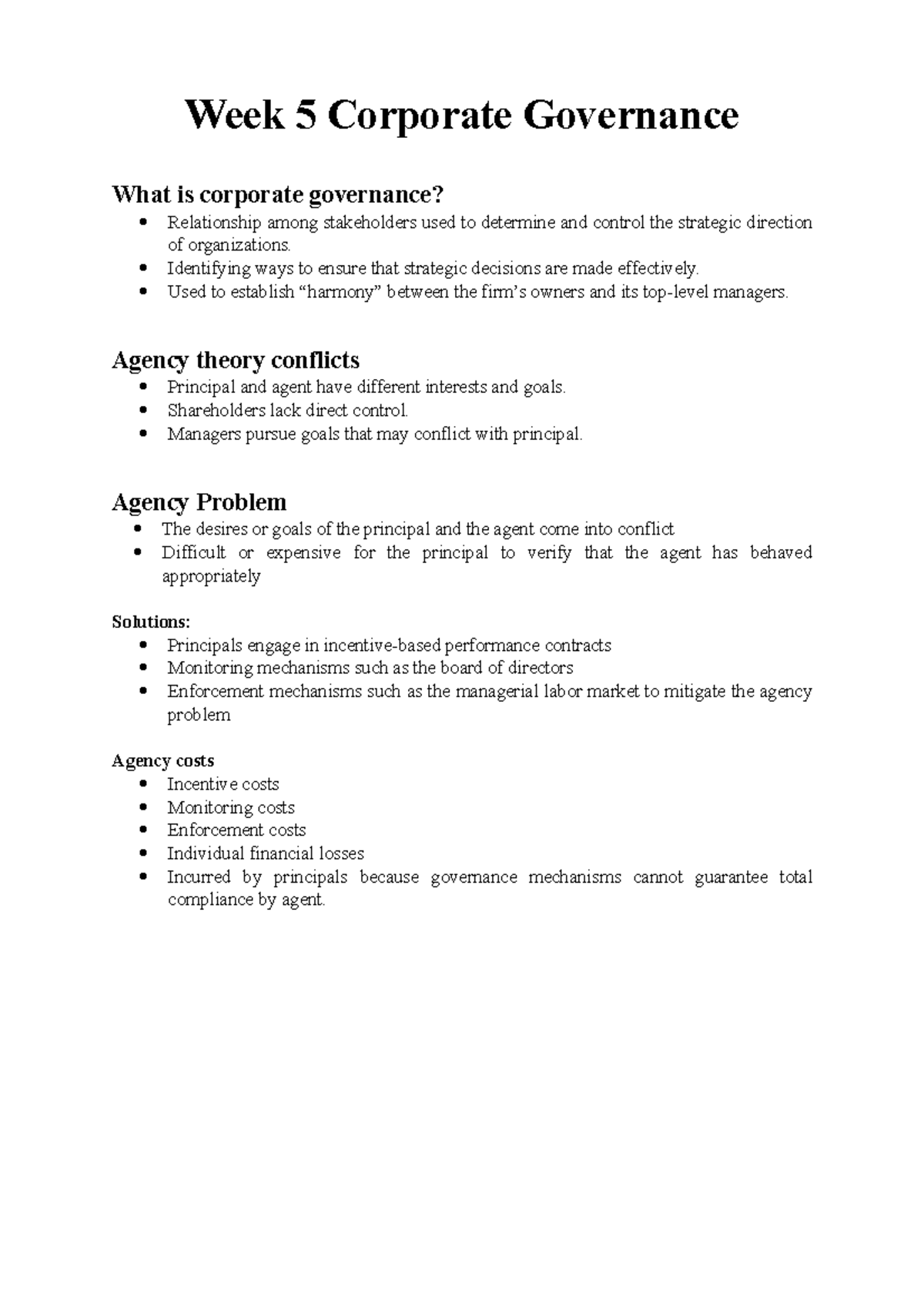 Week 5 - lecture notes - Week 5 Corporate Governance What is corporate ...