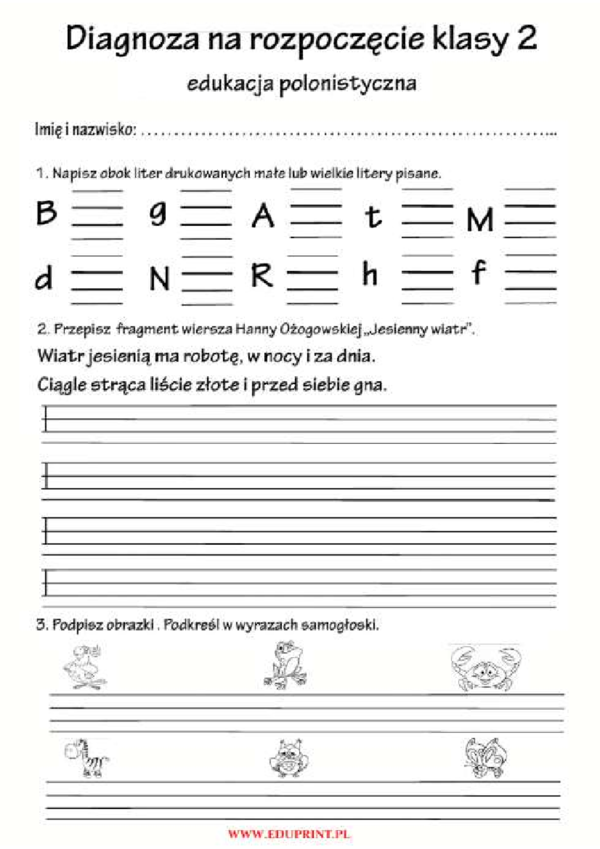 Diagnoza na rozpoczęcie klasy 2 - Edukacja Polonistyczna i Matematyczna