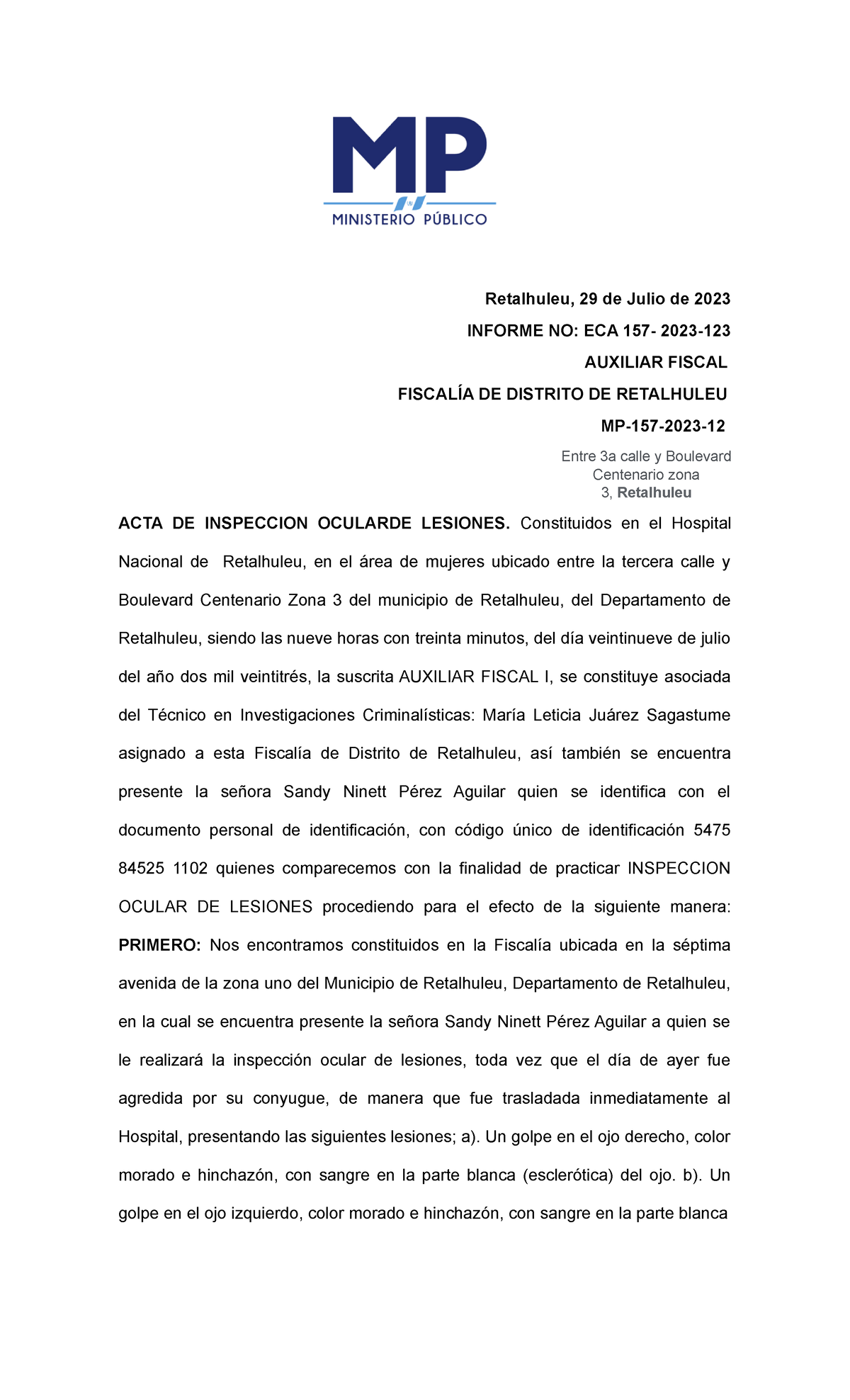 ACTA DE INSPECCIÓN OCULAR DE LESIONES ECA 157-2023 Retalhuleu - Document Preview