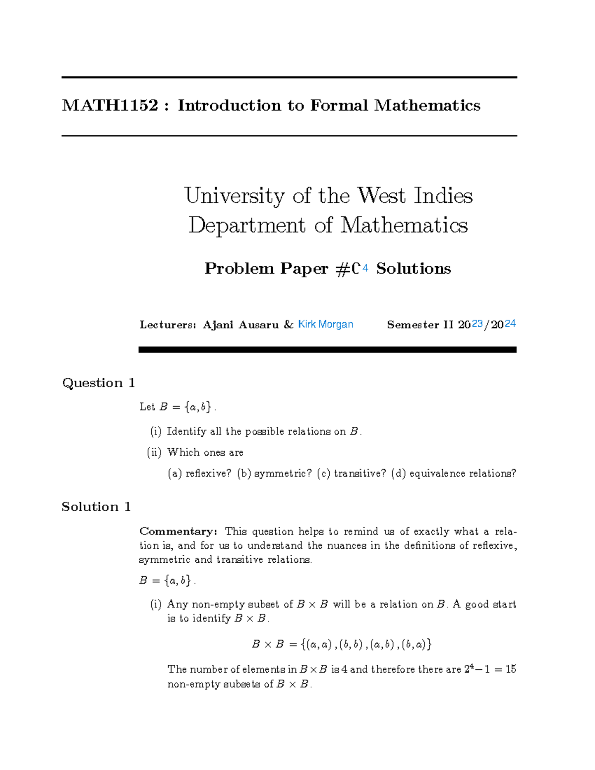 MATH1152: Solutions to Problem Paper 2023-24 on Relations and ...