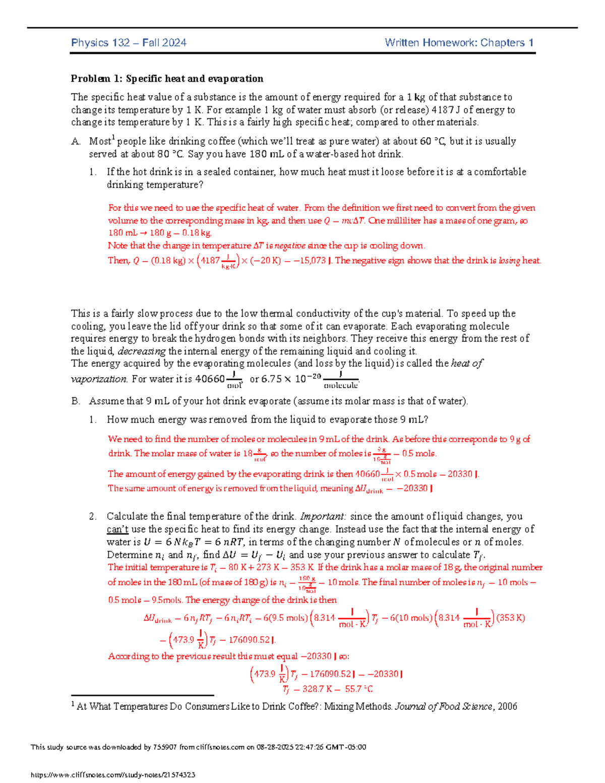 Physics 132 Fall 2024 Written Homework: Ch 1 Specific Heat ...